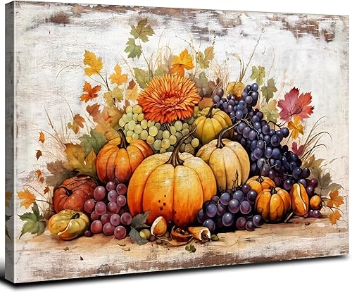 Decoración de pared para cocina, lienzo de frutas de otoño, arte de pared, cuadros de calabaza campestre para sala de estar, 16 x 24 pulgadas,