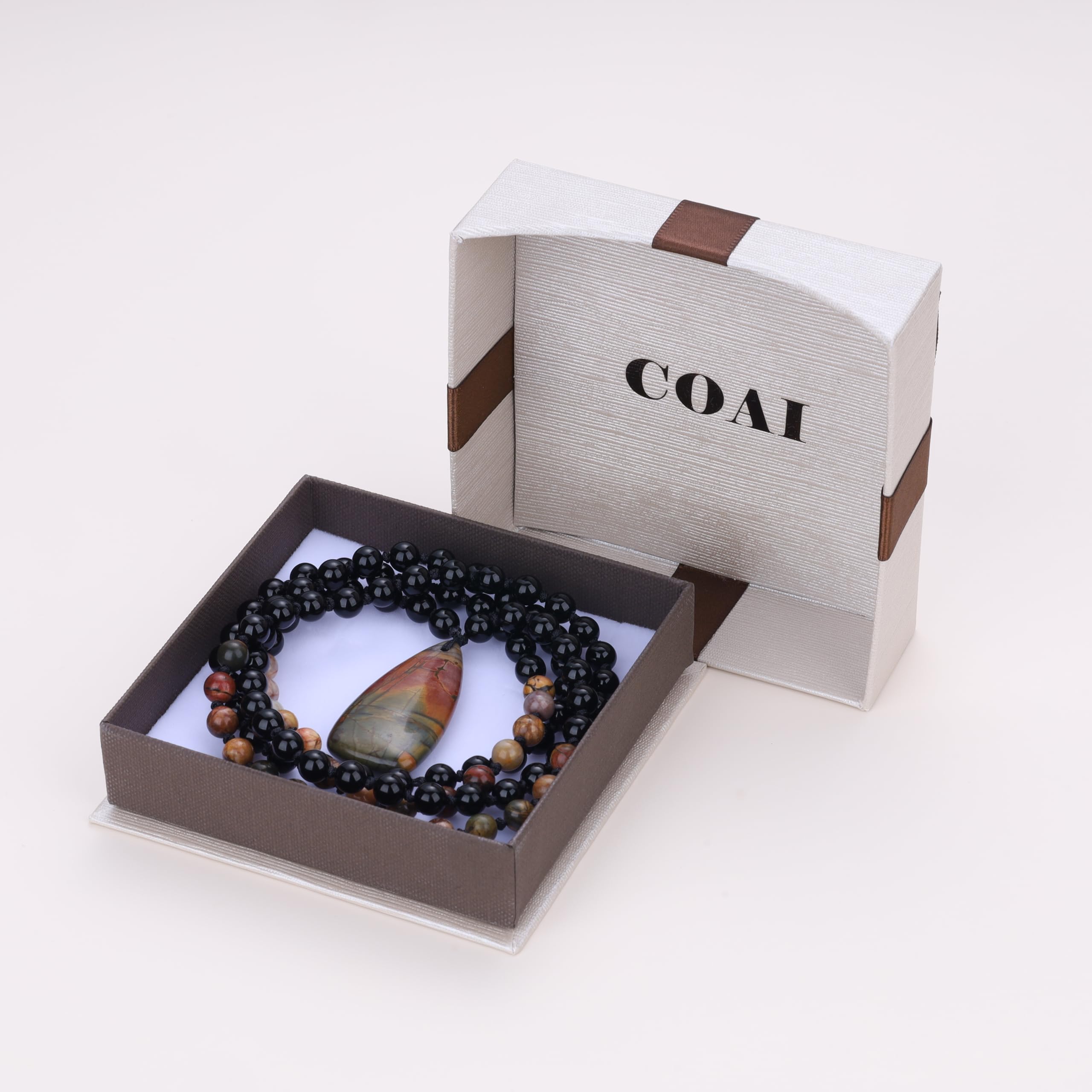 COAI Collier Mala 108 Perles, Collier Onyx Noir/Jaspe Picasso, Pendentif Goutte d'Eau