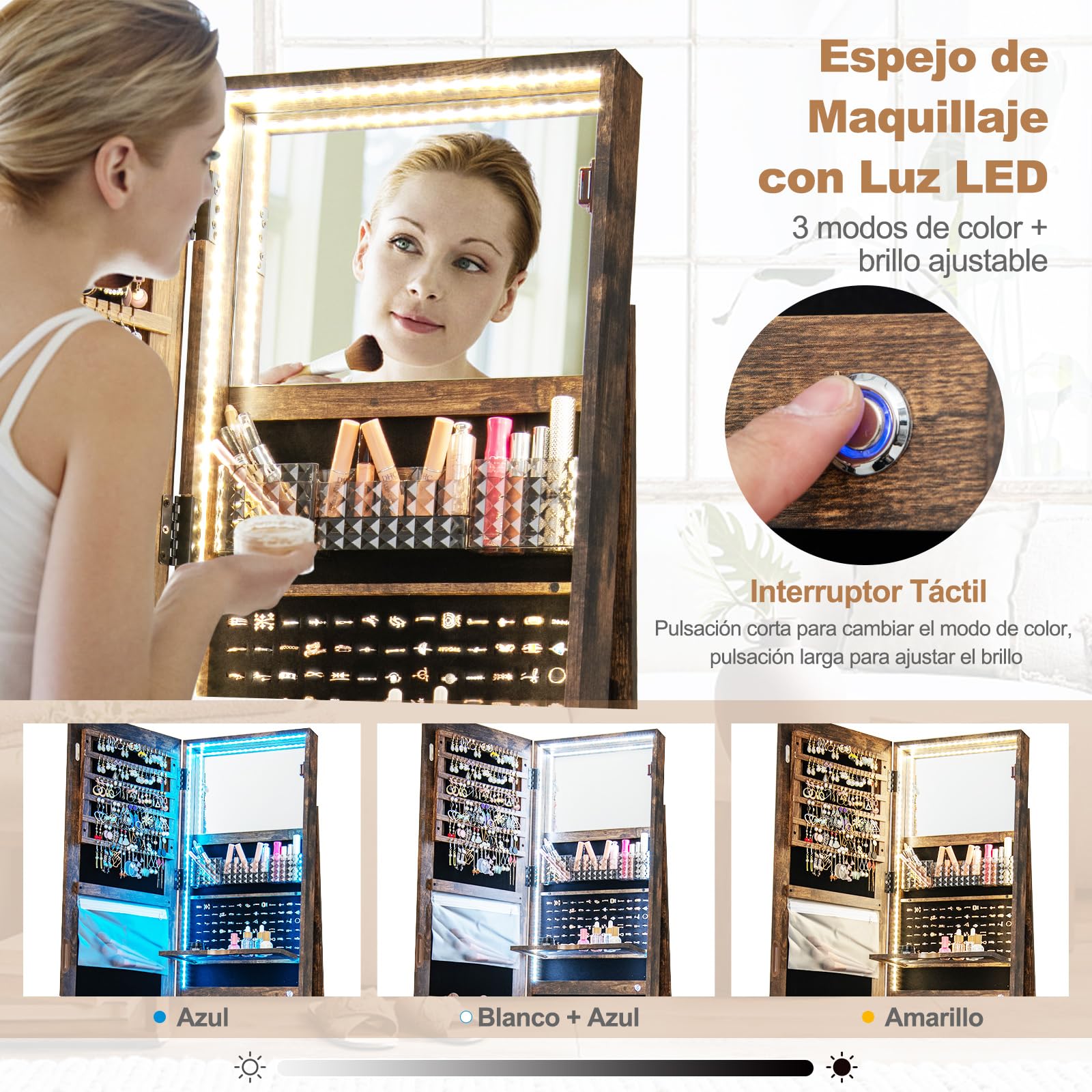 COSTWAY Armario Joyas Gabinete Joyería Pie Luces LED 4 en 1 Espejo Joyero Multiuso Cerradura Base Giratoria 360°