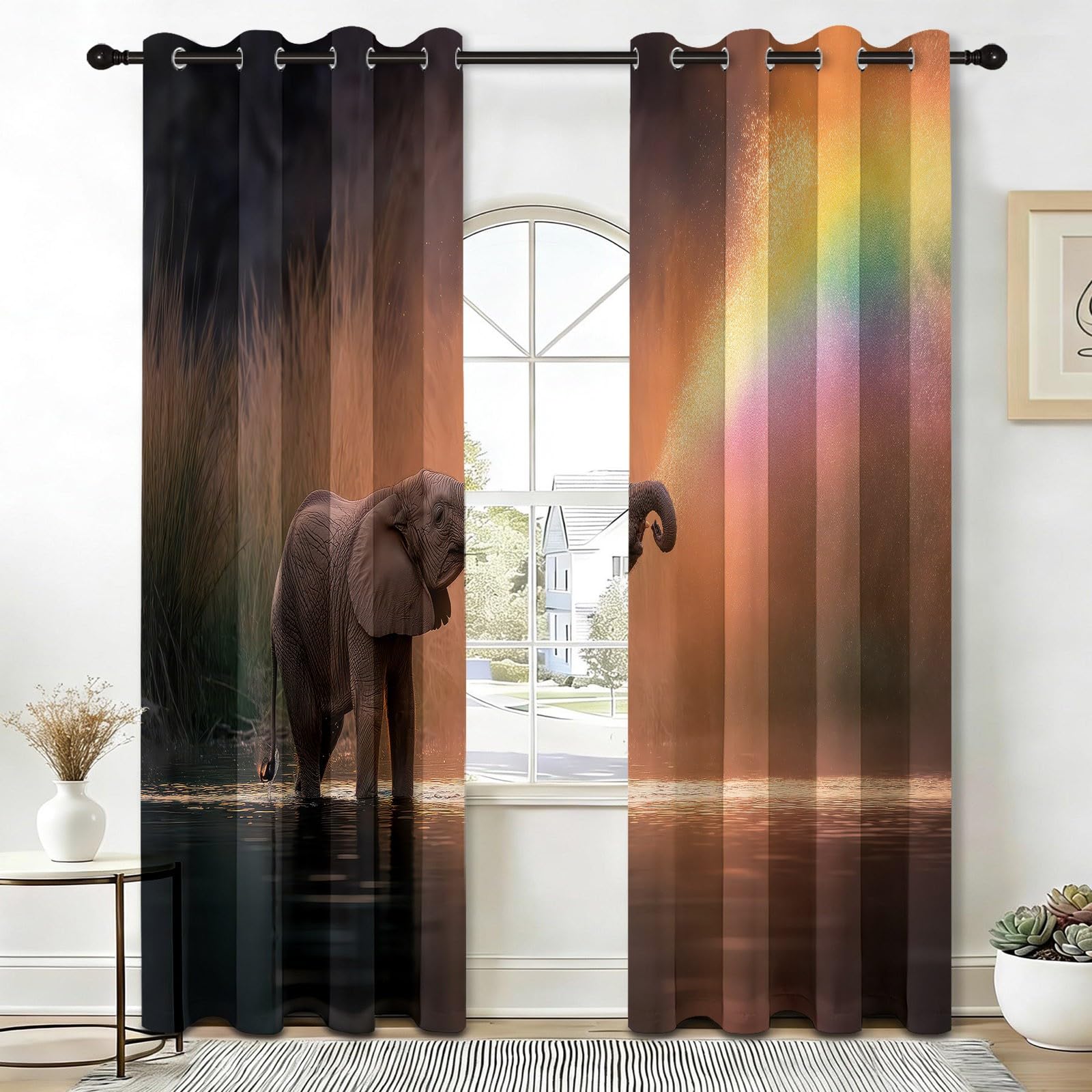 Zasłony zaciemniające z łąką fotograficzną 140 l x 160 cm, wzór słonia tęcza jezioro, dekoracja okienna salonu, sypialni, izolacja termiczna, 2 panele