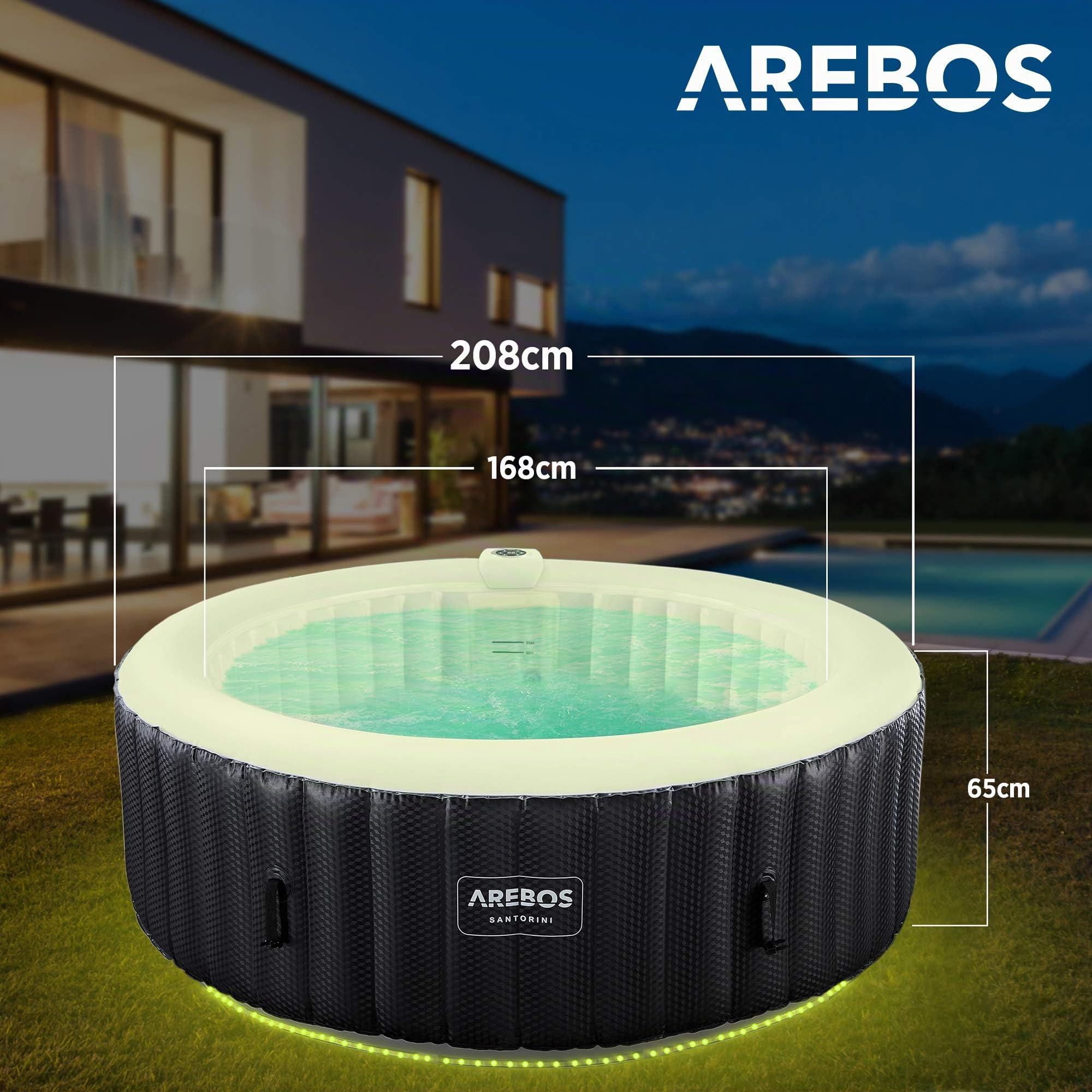 Arebos SPA Hinchable | Inflable automático | para Interior y Exterior | ⌀ 208 cm | 6 Personas | Banda Luminosa LED | 130 boquillas de Masaje | 1000 L | Incluye Cubierta | Bubble SPA & Wellness Masaje