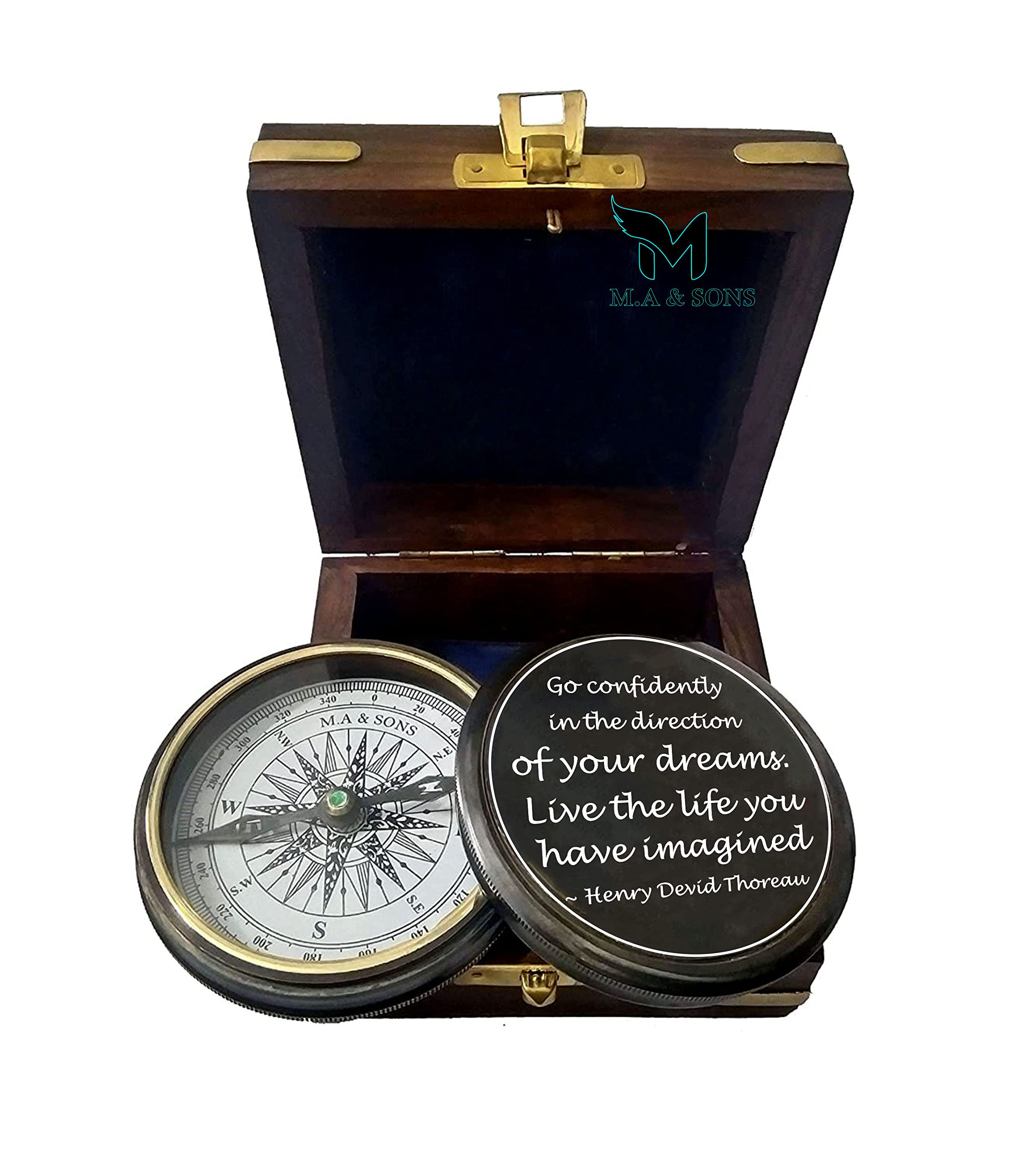 M.A & SONS Personalized Brass Compass Go Confidently in The Direction Quote, with Wooden Box