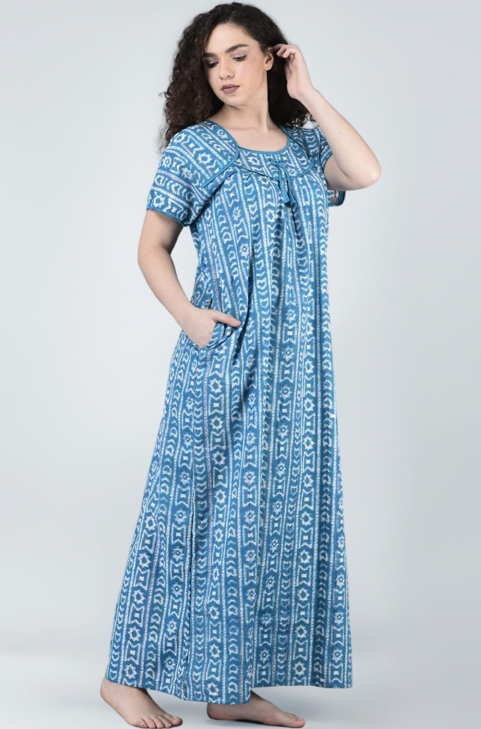 Women's- Cotton Nighty| Short Sleeves | Night Wear | Maxi for Women | U Shaped Neck - Cotton Fabric- Jaipuri Print