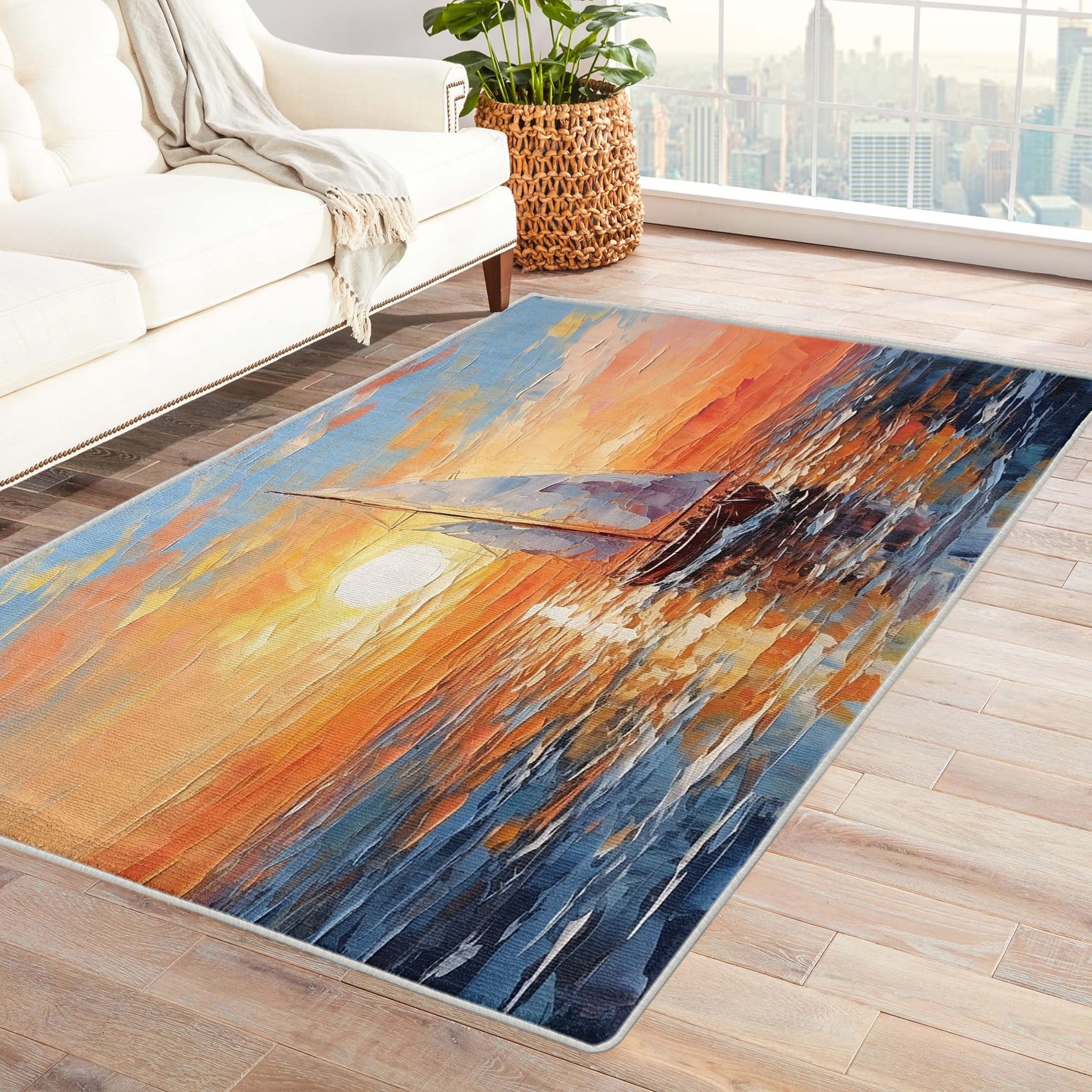 Tzvjxln 3x5 ft, Washable Sunset Sailboat Area Rug - Ocean Rugs for Bedroom, Living Room, Office, Dorm, Kitchen, Dining Room, Nautical Carpet & Home
