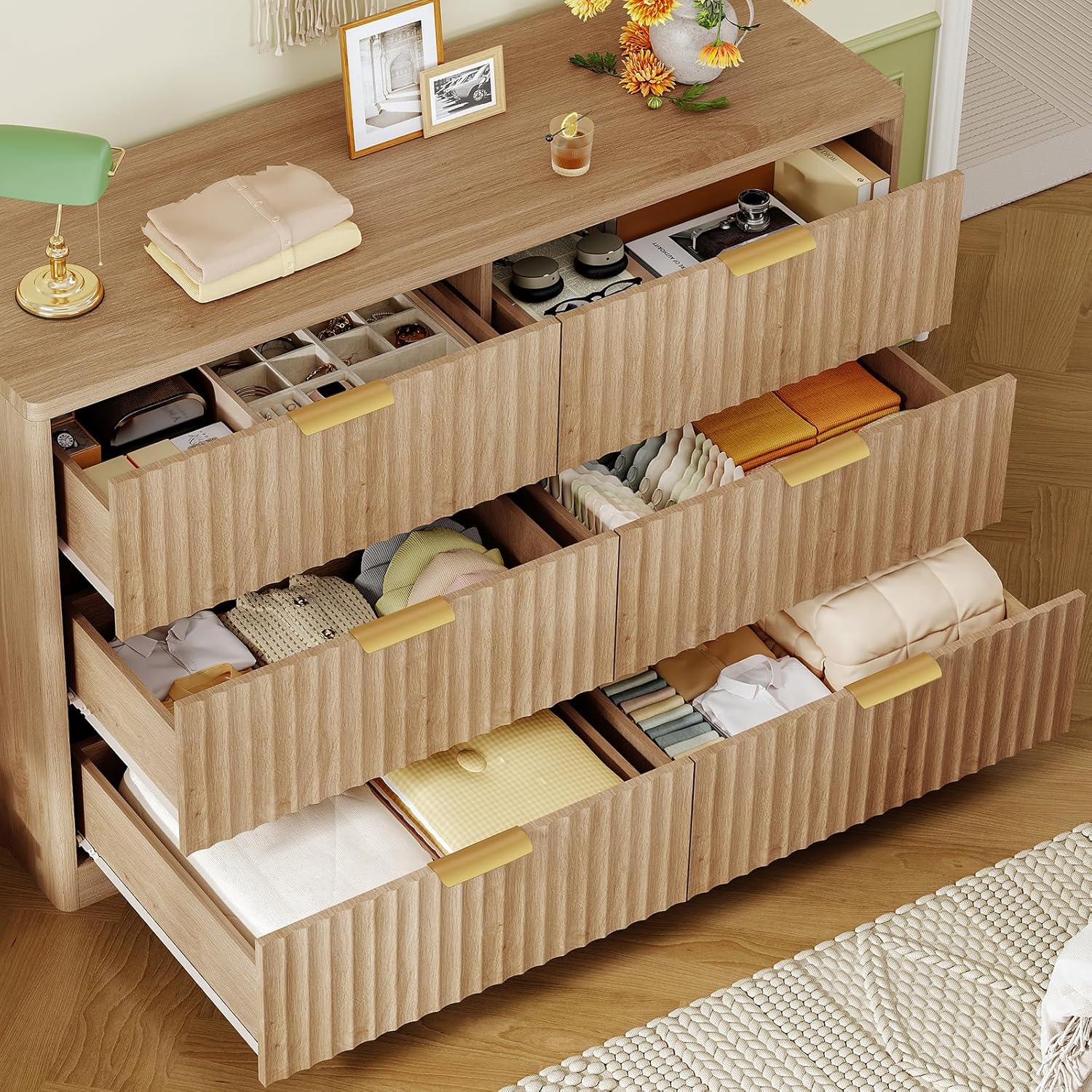 TEENFON Fluted 6 Drawer Dresser for Bedroom, Wide Modern Chest of Drawers with Metal Handle, Curved Profile Design, Wood Closet Clothes Storage Organizer for Bedroom, Living Room, Hallway, Natural - Image 4