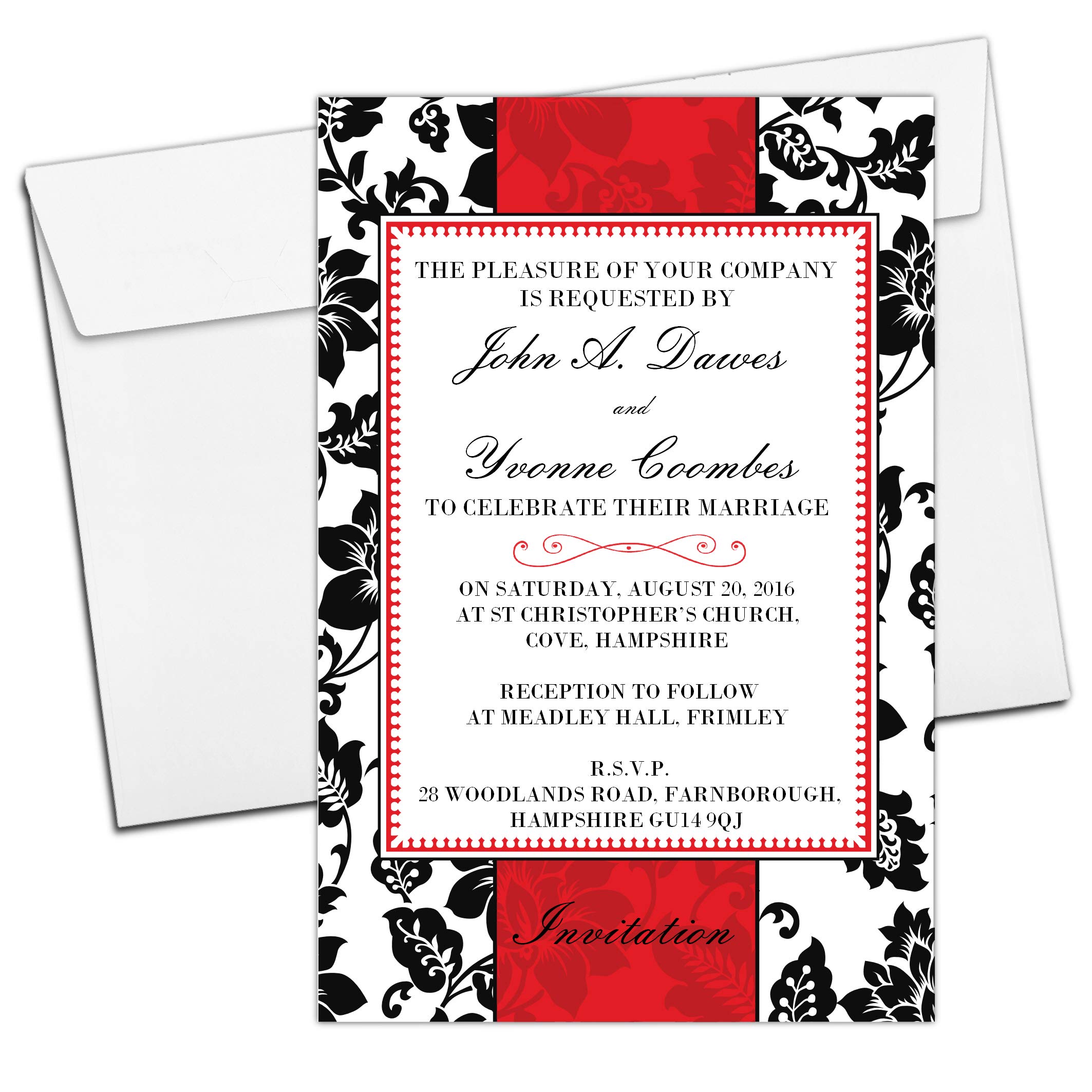 Invite Designs Ltd 10 Personalised Floral Black and Red Wedding Invitations Invites N60 Day or Evening