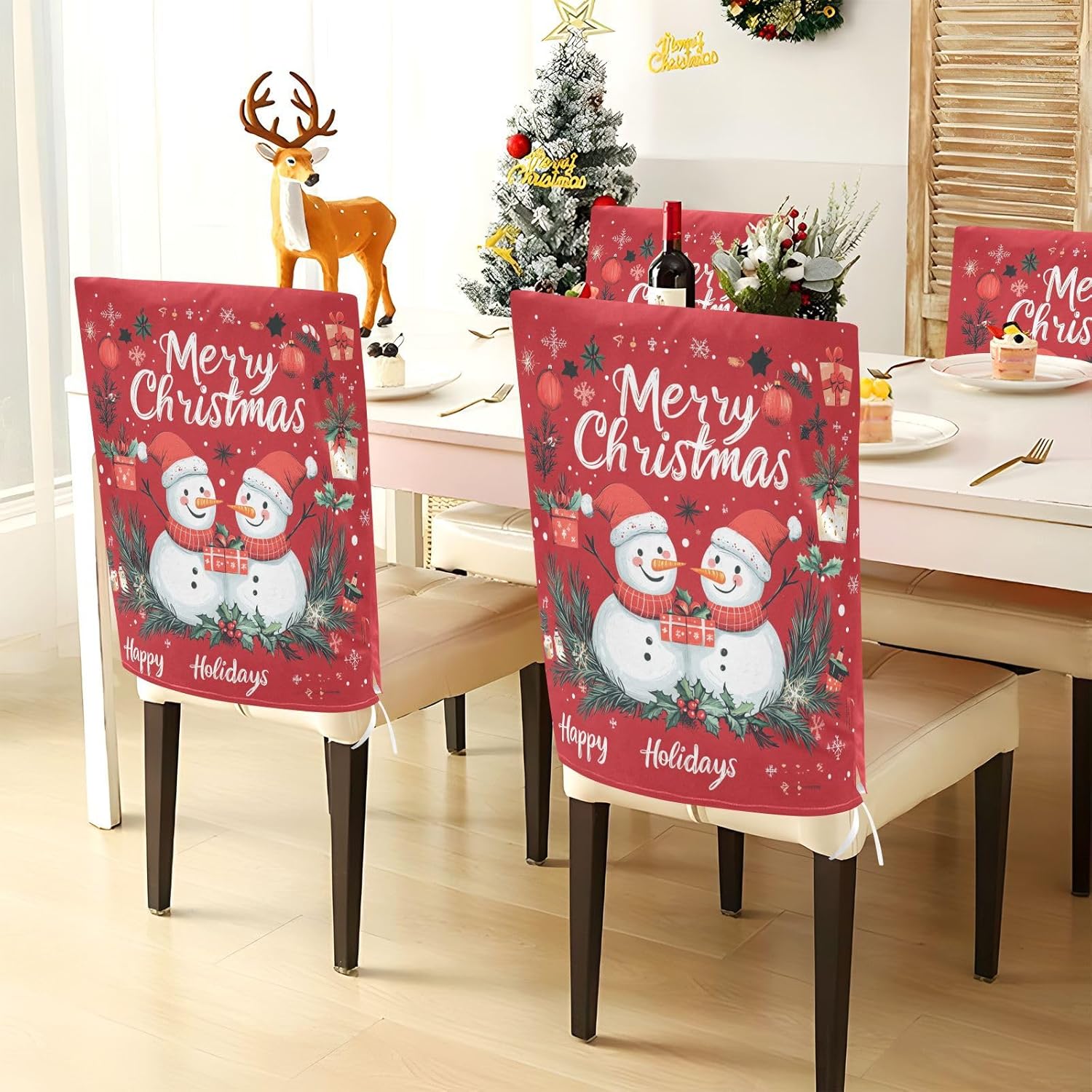 MNSRUU Christmas Chair Back Cover for Dining Room,Snowman Chair Slipcovers Set of 6,Snowman Chair Cover for Kitchen Hotel Holiday Party Decor,211