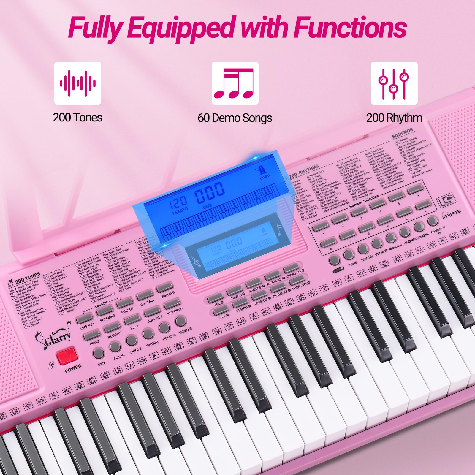 GLARRY 61-Key Portable Electronic Piano Keyboard for Beginner w/Lighted Keys, LCD Screen, Microphone, Headphones, 3 Teaching Modes, Built-In Speakers