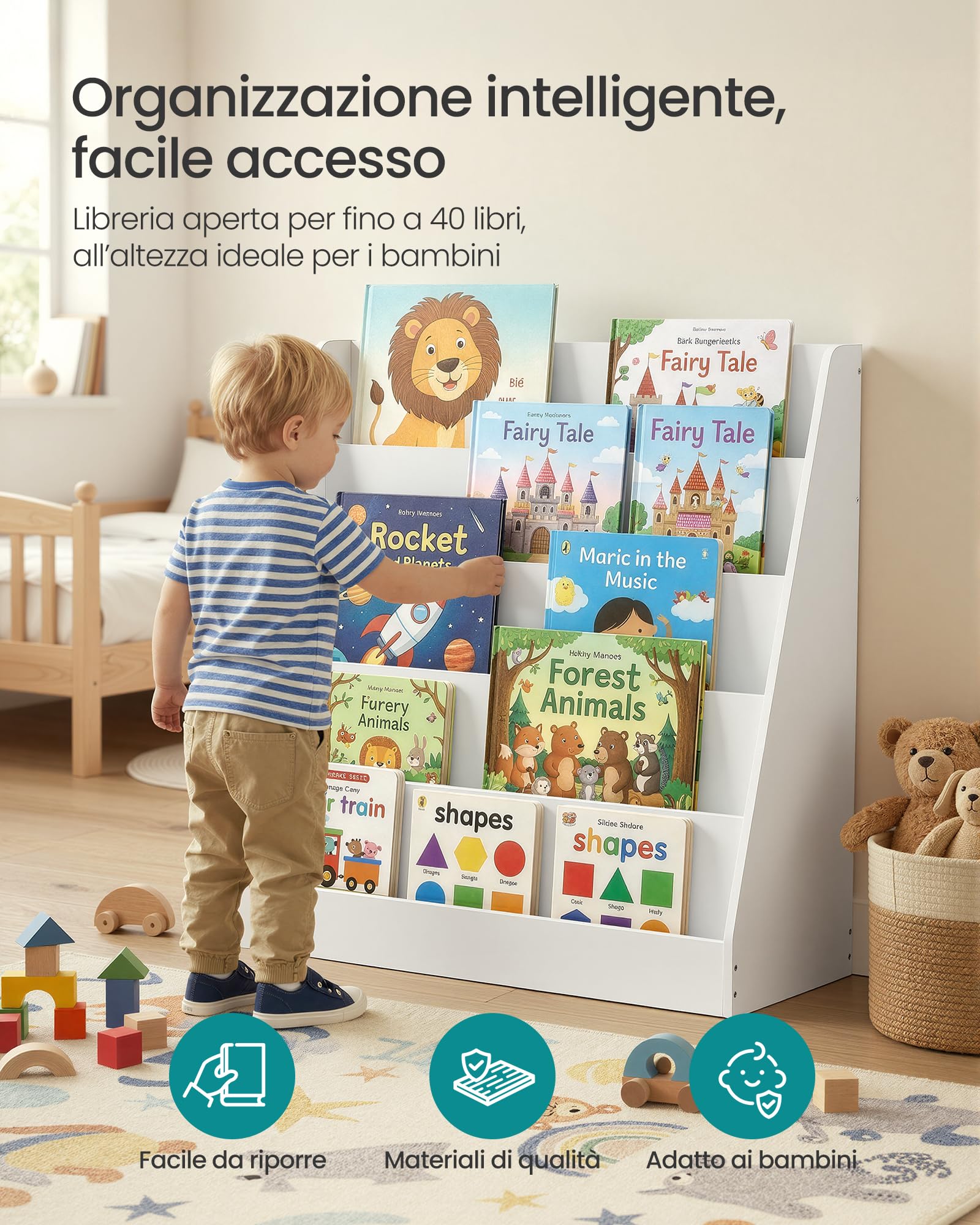 SONGMICS Libreria per Bambini, Libreria Montessoriana a 5 Ripiani, Scaffale per Libri Illustrati, Cameretta, Angolo Lettura, 30 x 80 x 80 cm, Bianco Nuvola GKR076WZ01