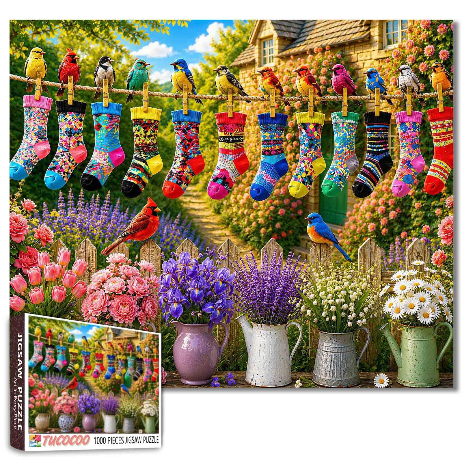 Colorful Birds and Socks Jigsaw Flower 1000 Piece Puzzles for Adults and Beginner Cozy Garden Artwork Puzzles Farmhouse Decor Challenging Family Activity Games Colorful DIY Craft Gifts 20×27 Inches — image 1