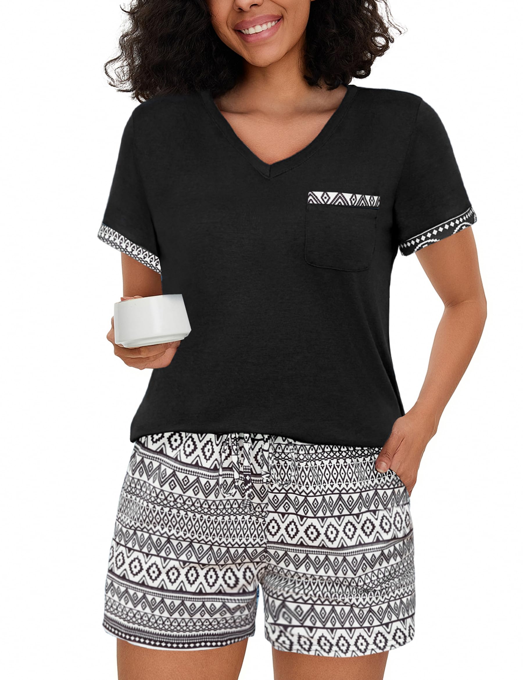 Jahetuul Schlafanzug Damen kurz Pyjama Damen Sommer Schlafanzüge für Damen Nachtwäsche Frauen kurzer Shorty Pijamas Schlafshorts einzigartiges Muster