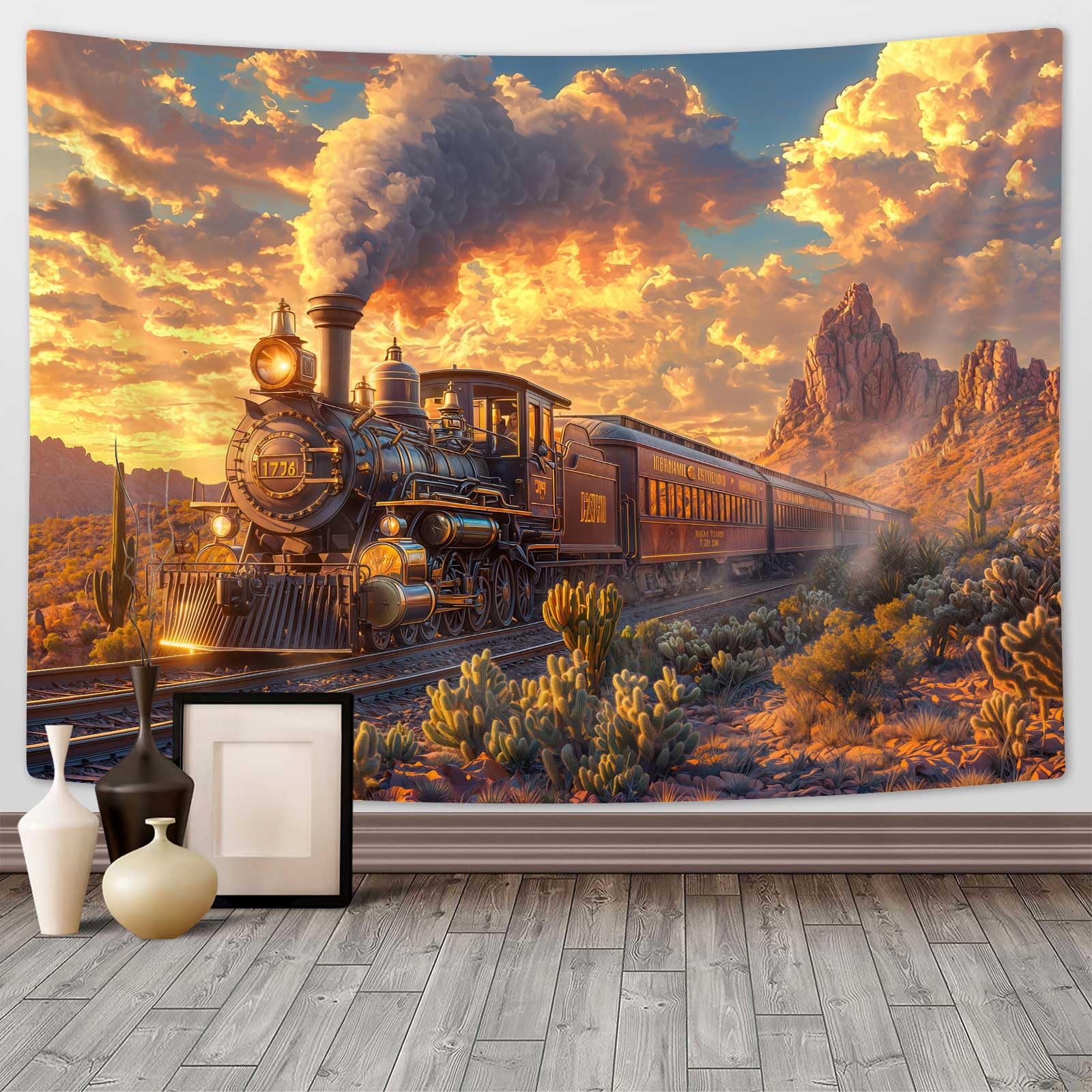 Steam Train Tapestry,Desert Sunset Journey Tapestries,Western Wilderness Cactus Sky Clouds Wall Hanging for Kids Bedroom Dorm Living Room Decor,