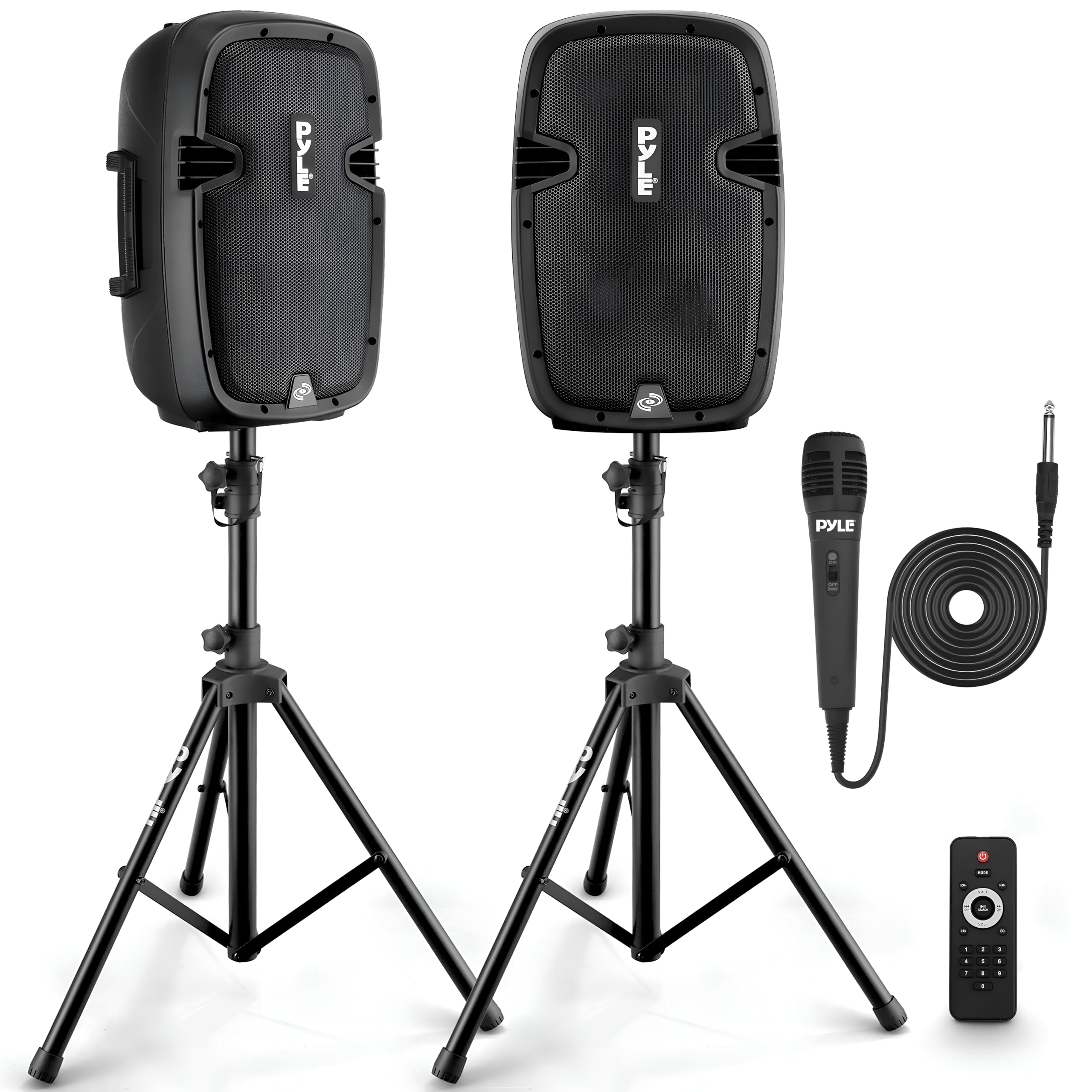 Pyle Portable Bluetooth PA Speaker System Kit - 700W Powered Active & Passive 8" Speakers with Stands, Wired Microphone, Remote Control, and Tripod Mounts - USB/SD/MP3/AUX Inputs - Plug & Play Kit
