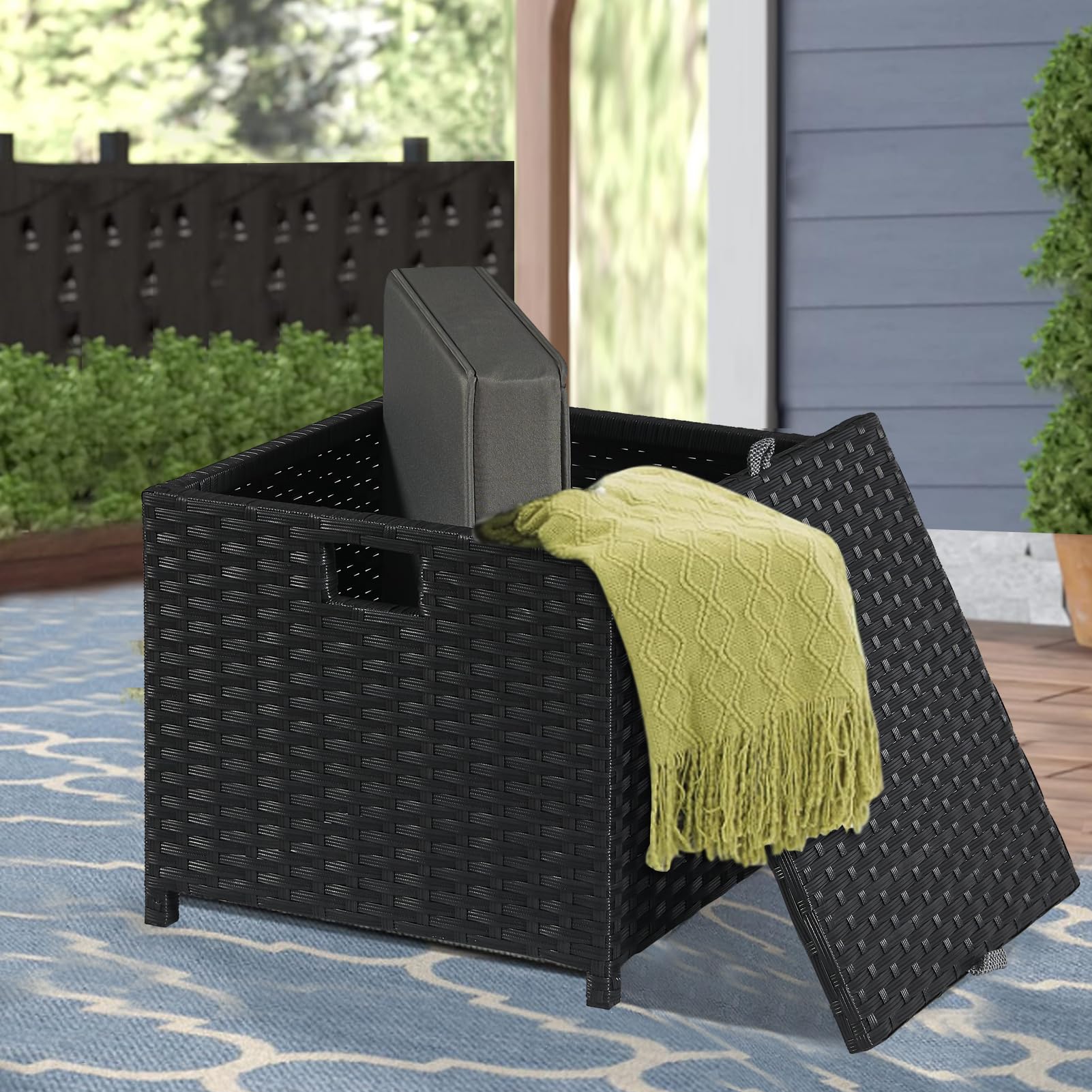 YIYAN Lot de 2 repose-pieds d'extérieur en rotin synthétique avec rangement pour toutes les saisons avec coussin amovible (gris)