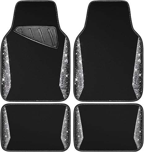 CAR PASS Bling Diamond Car Floor Mat Shining Rhinestones Carpet, Sparkly Glitter Crystal Anti-Slip PVC Heel Pad Automotive Universal Fit for SUV Sedan Car Van, 4pcs for Girl Cute Women, Black Silver