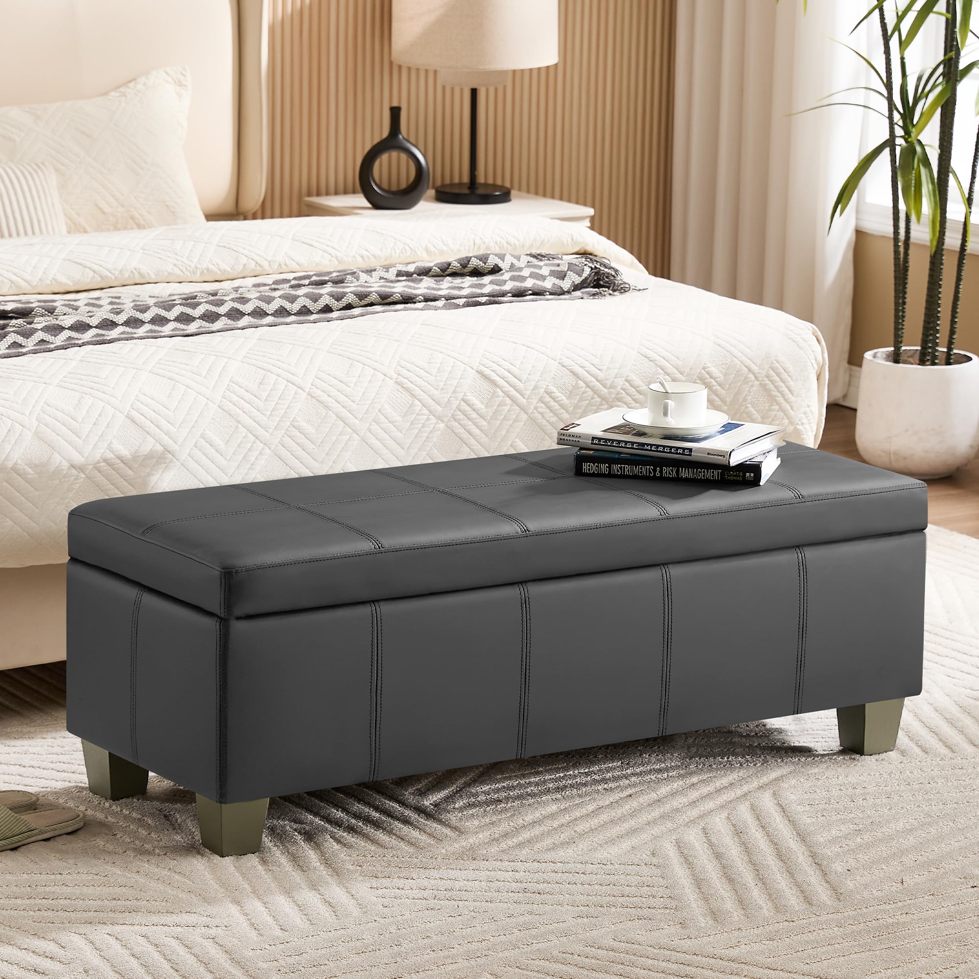 WUTUTUEE 51" Faux Leather Storage Ottoman, Stitch Tufted Rectangle Upholstered End of Bed Storage Bench, Entryway Large Couch Ottoman with Wooden Legs, Dark Grey