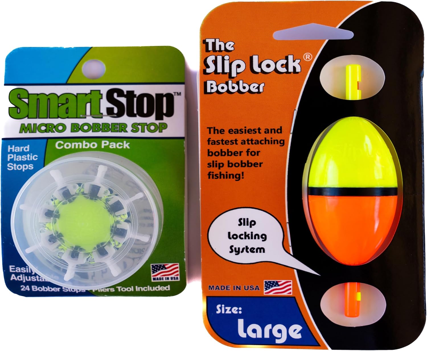 Smart Slip Lock Bobber and Smart Stop Micro Bobber Stop Combo Pack (Mini, Small, Medium or Large) Includes New and Improved Tool to Attach Stops, No Pliers Needed.
