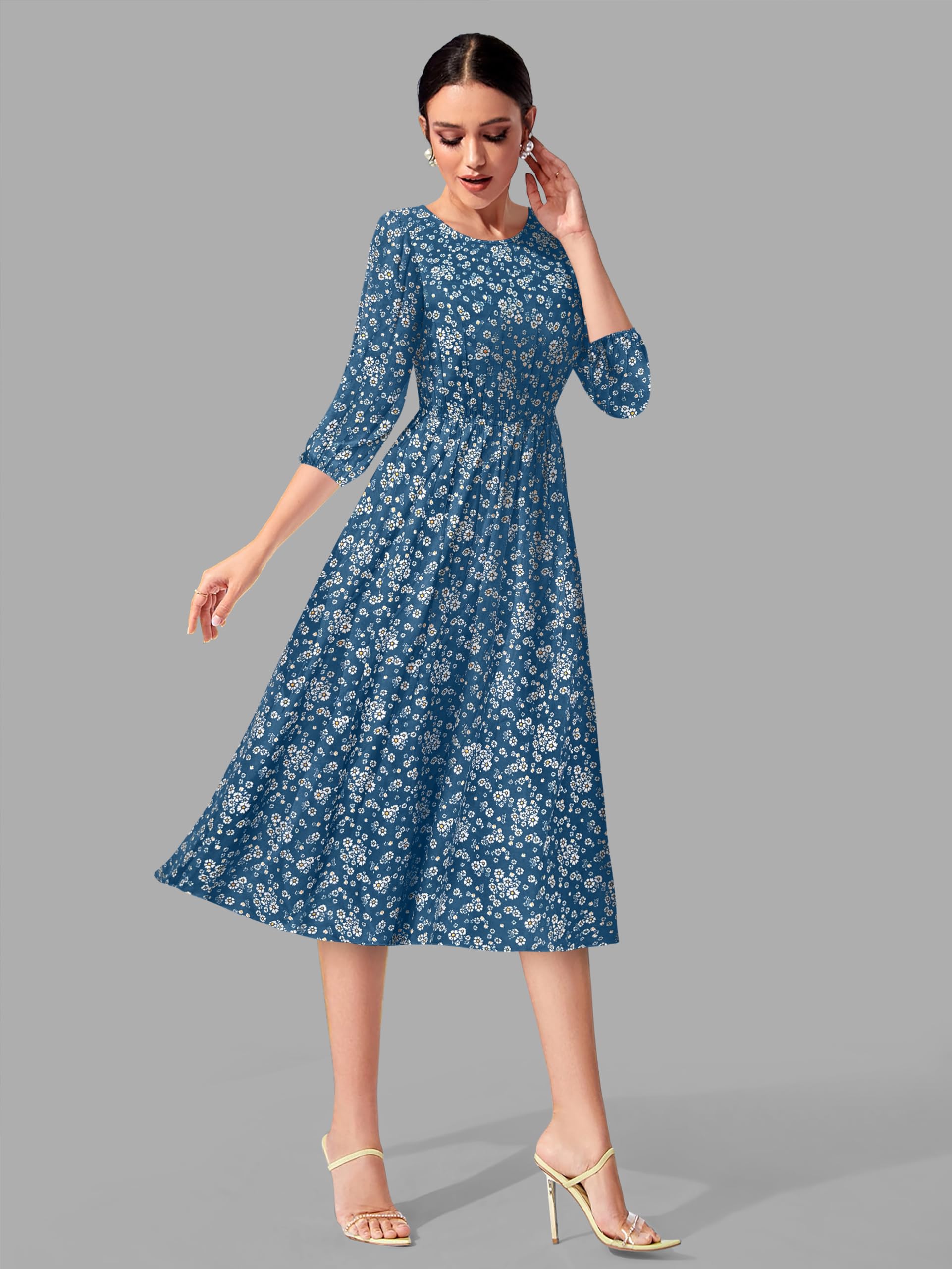 Toochki Women's Teal Blue Muslin Floral Fit & Flared Western Dress | Dress For Women | A Line Dress | Winter Dress | Western Dress | Latest Women Dress | Trendy Dress | Midi Dress