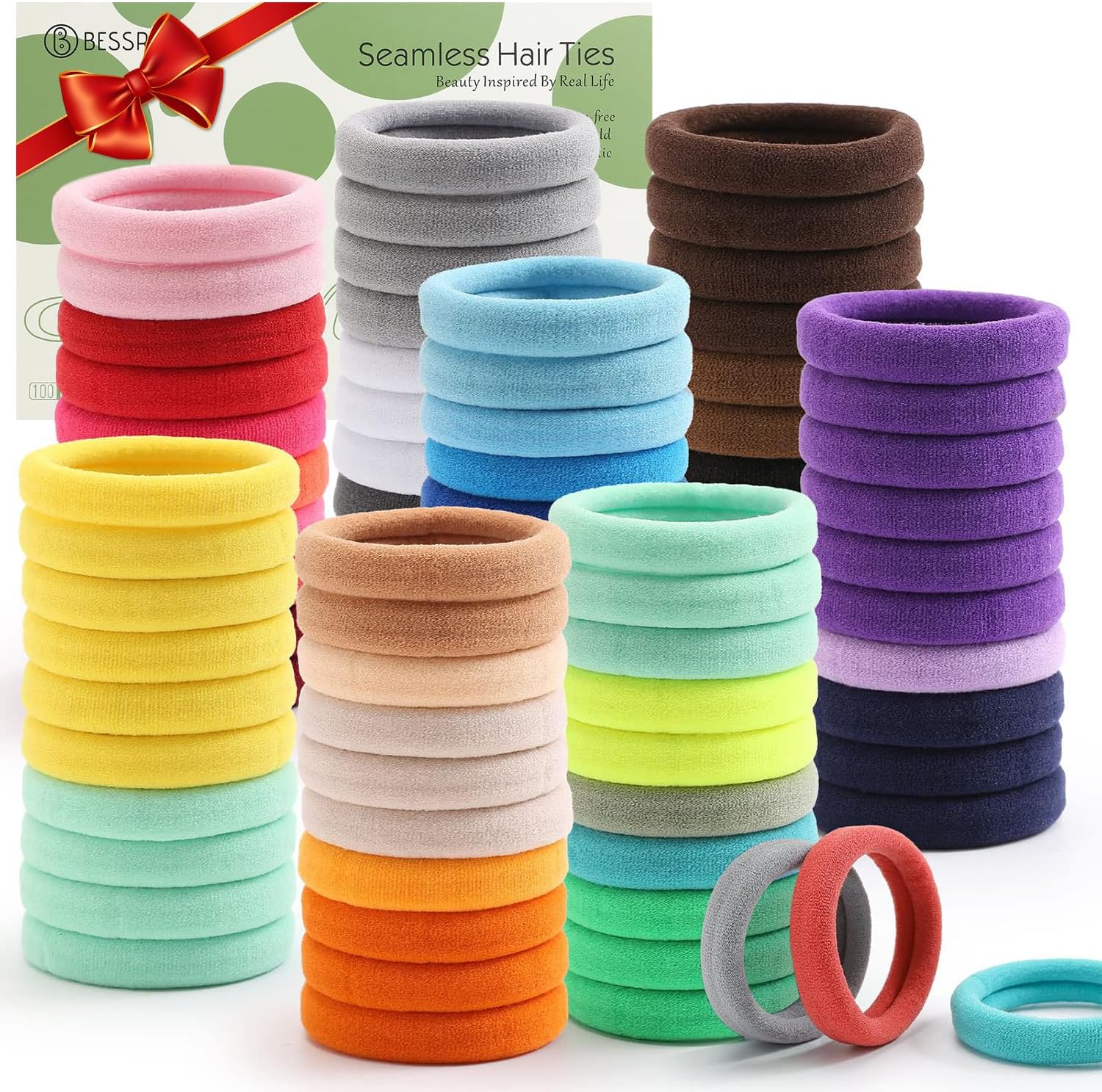 Bessrung 100PCS Elastic Hair Ties, Seamless Hair Band, Ponytail Holder No Crease Damage, Cotton Bands, Hair Scrunchies for Thick Thin Hair, Hair Accessories for Women