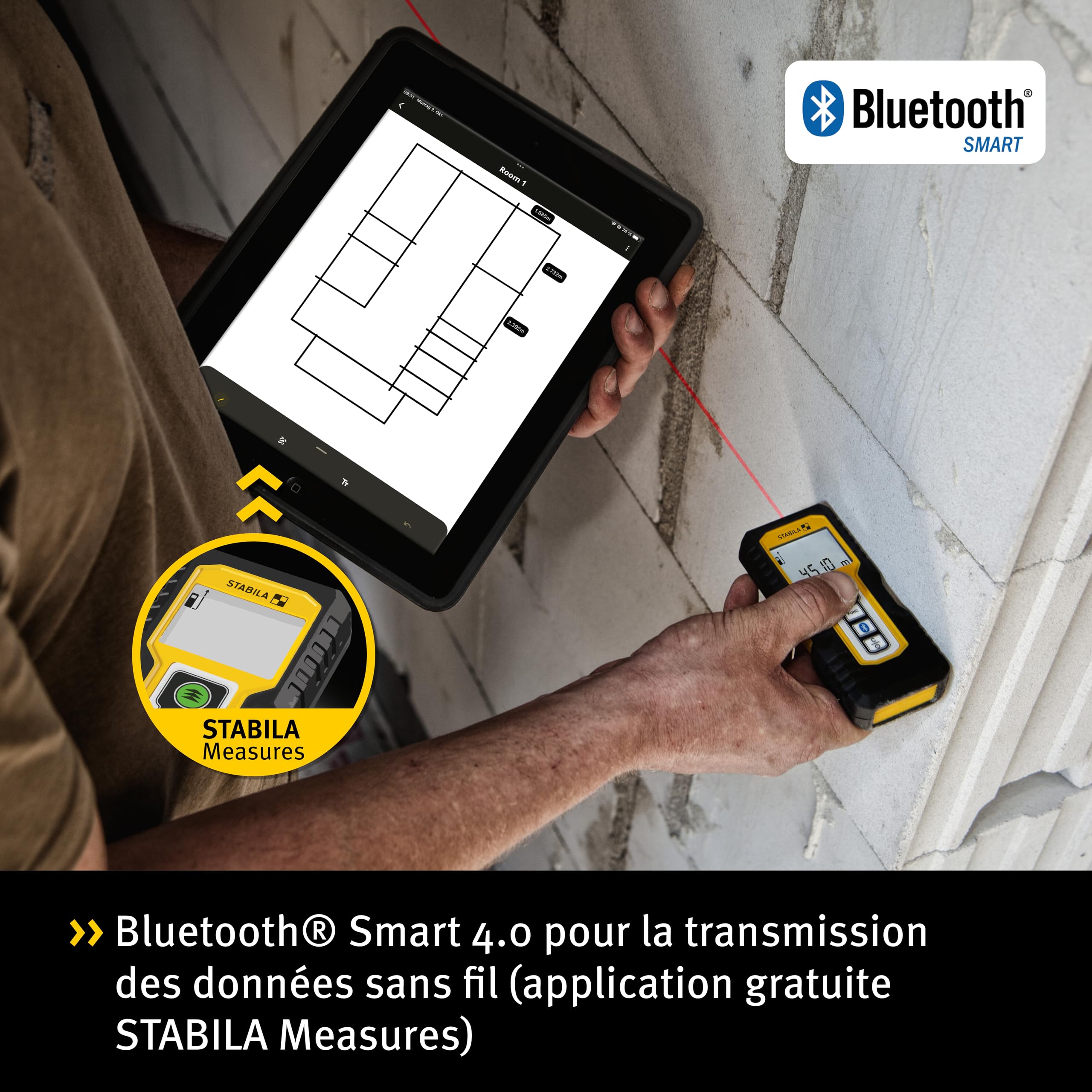STABILA Télémètre laser LD 250 BT de, Bluetooth Smart 4.0, zone de mesure max. 50 m, 4 fonctions de mesure (entre autres surface et volume), IP 54, piles incluses (2x AAA)