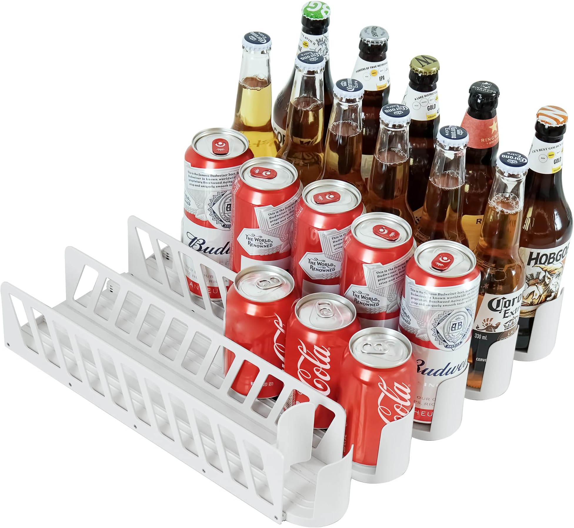 Drink Organizer for Fridge, Self-Pusher Glide for 12-20oz Cans and Bottles, Refrigerator Soda Can Dispenser, Customizable Row Separation, Tailor Your Space to Perfection-5 Rows