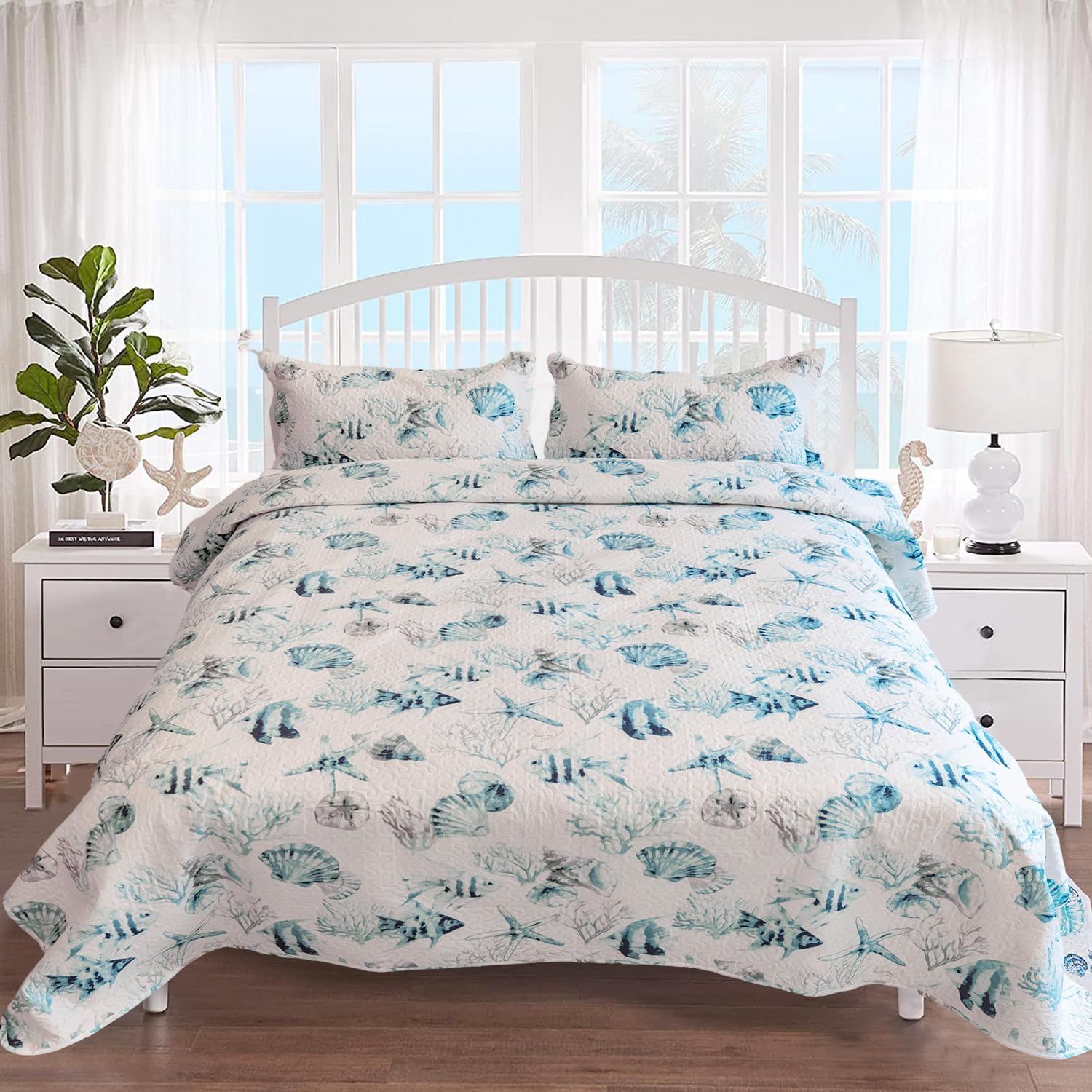 Jarson Beach Coastal Quilts Set Twin Size,3Pcs Summer