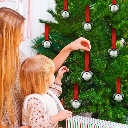 Miniatura 4 de Bencailor 24 campanas de trineo de Navidad 2023 Believe Bell con cinta roja, adornos plateados para árbol de Navidad, decoración navideña de metal