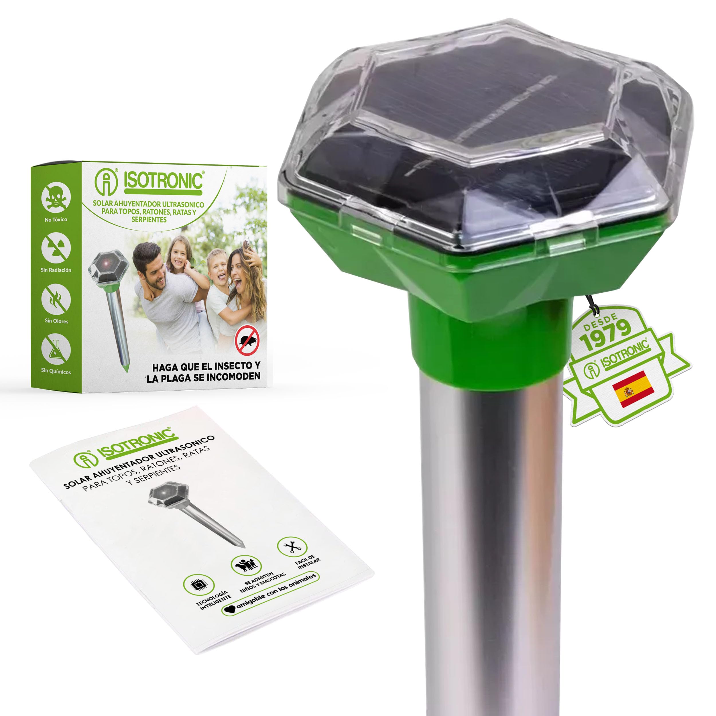 ISOTRONIC Repelente para Topos, topillos y Serpientes: Repelente Solar con estaca para jardín con un Alcance Efectivo de 1000 m² (1 Unidad).