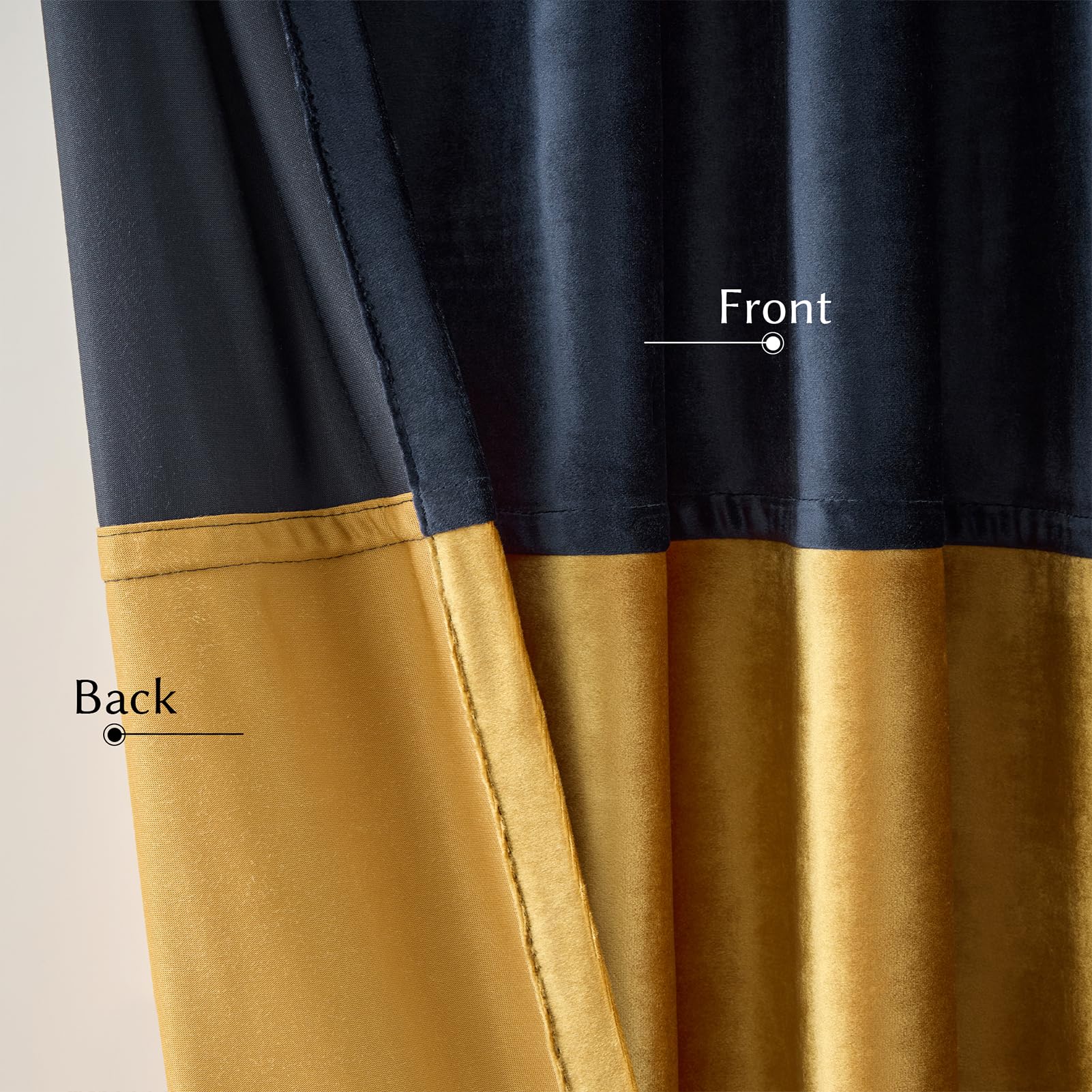Samtvorhänge für Wohnzimmer, Marineblau, Gold, 160 cm lang, 2 Paneele, Verdunkelungsvorhänge, Moderne Farbblock-Rückseite, Schlaufentasche, schalldichte Vorhänge für Schlafzimmer, Fensterdekoration
