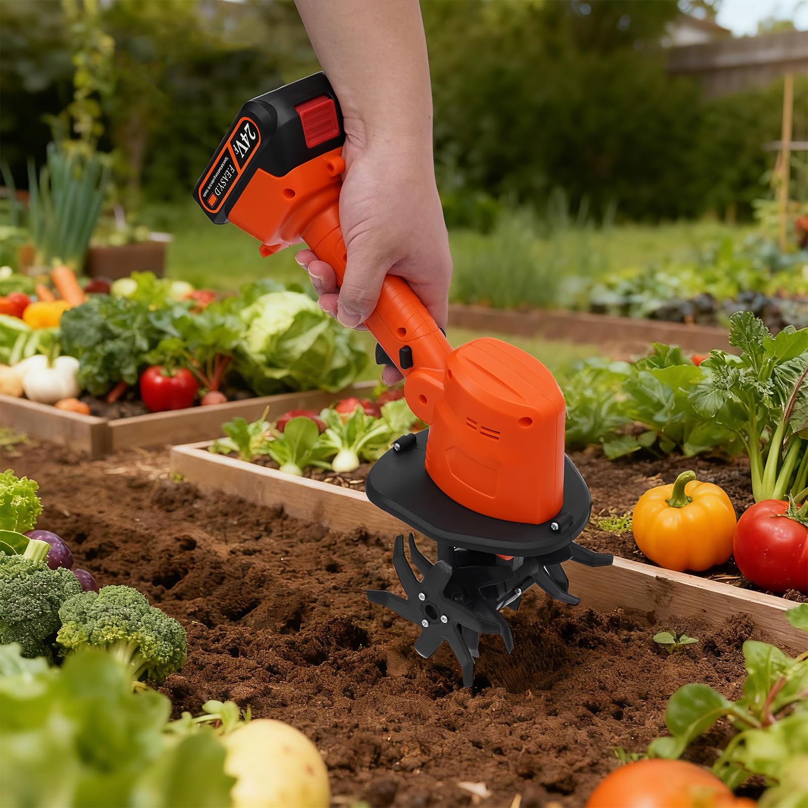 Motoazada con batería de 21 V con cuchillas de 65 Mn, 235 rpm, azada inalámbrica para jardín, con cubierta protectora, azada de jardín manual para jardines, patios, ancho de trabajo y profundidad: 10