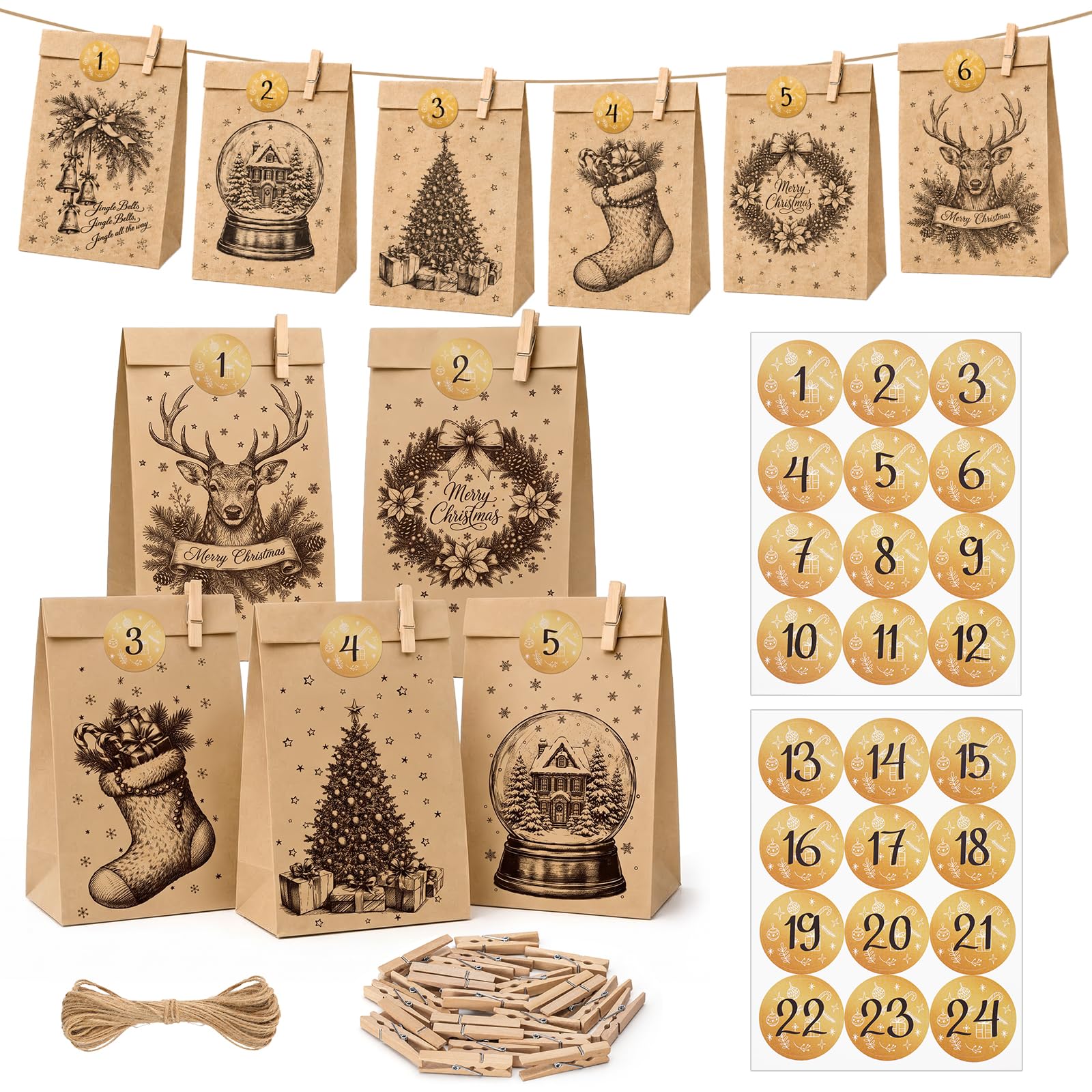 jijAcraft 24Pcs Advent Calendar Bags: Make Your Own Paper Advent Calendar