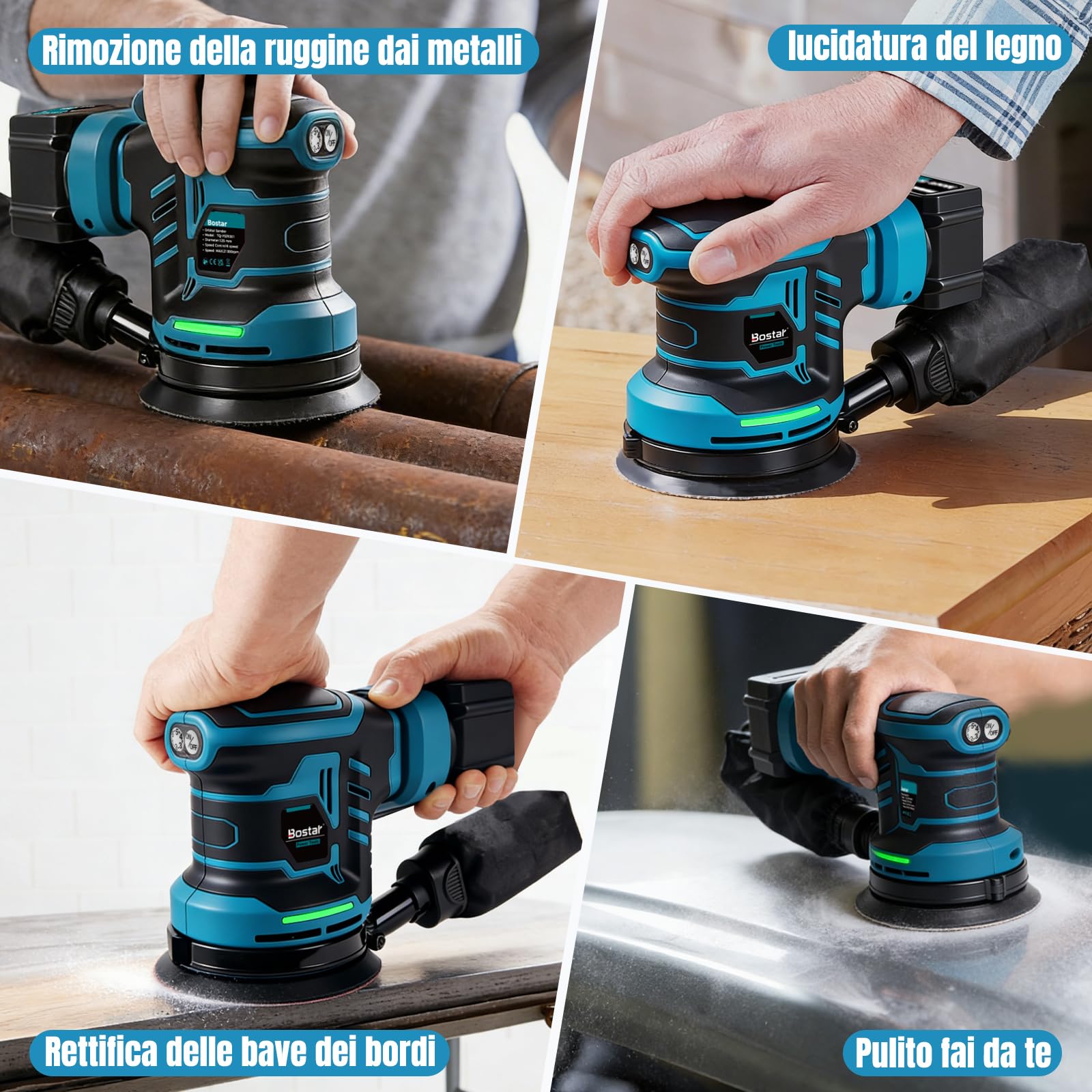 Bostar Levigatrice Rotorbitale a Batteria 18V, Ø125mm Motore Brushless, 2 Batterie 3.0Ah, Max. 21000 Giri/min, 6 Velocità, Sacco Polvere, Levigatrice Orbitale per Legno e Auto, Compatibile Makita 18V