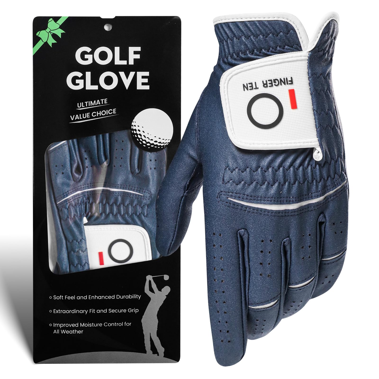 FINGER TEN Golf Gloves Men Left Hand Rain for Right Handed Golfer Grip Weathersof 1 Pc, Mens Golf Glove Wear Resistant Comfort Soft Non Slip Flexible Durable (Blue, S)