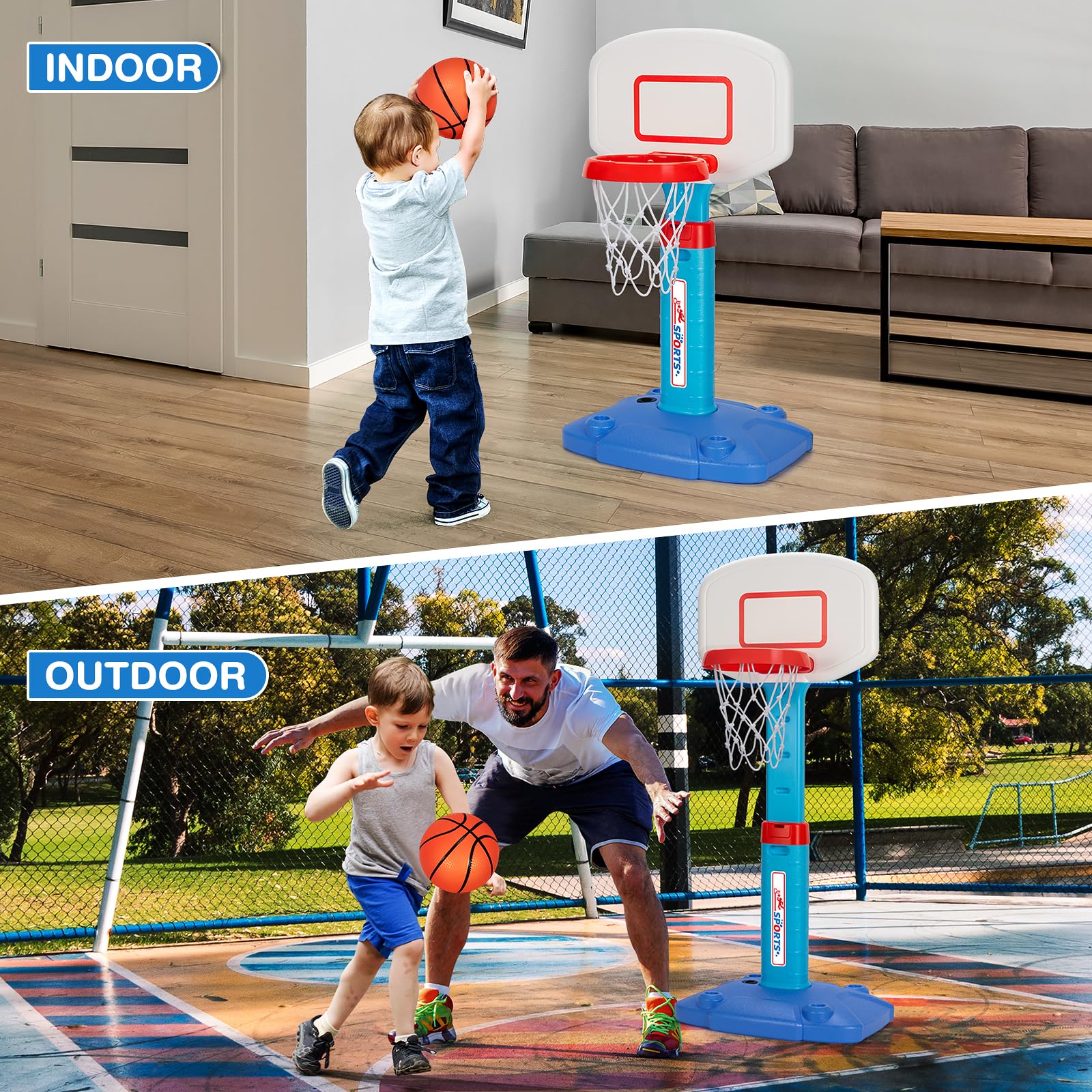 LACCHOUFEE Basketball Hoop Indoor Outdoor Toys for Toddlers 1-3, Kids Basketball Hoop with 3 Balls, Adjustable Mini Basketball Goal, Birthday Sports Toys Gift for Baby Boys Girls Age 1 and Up - Blue