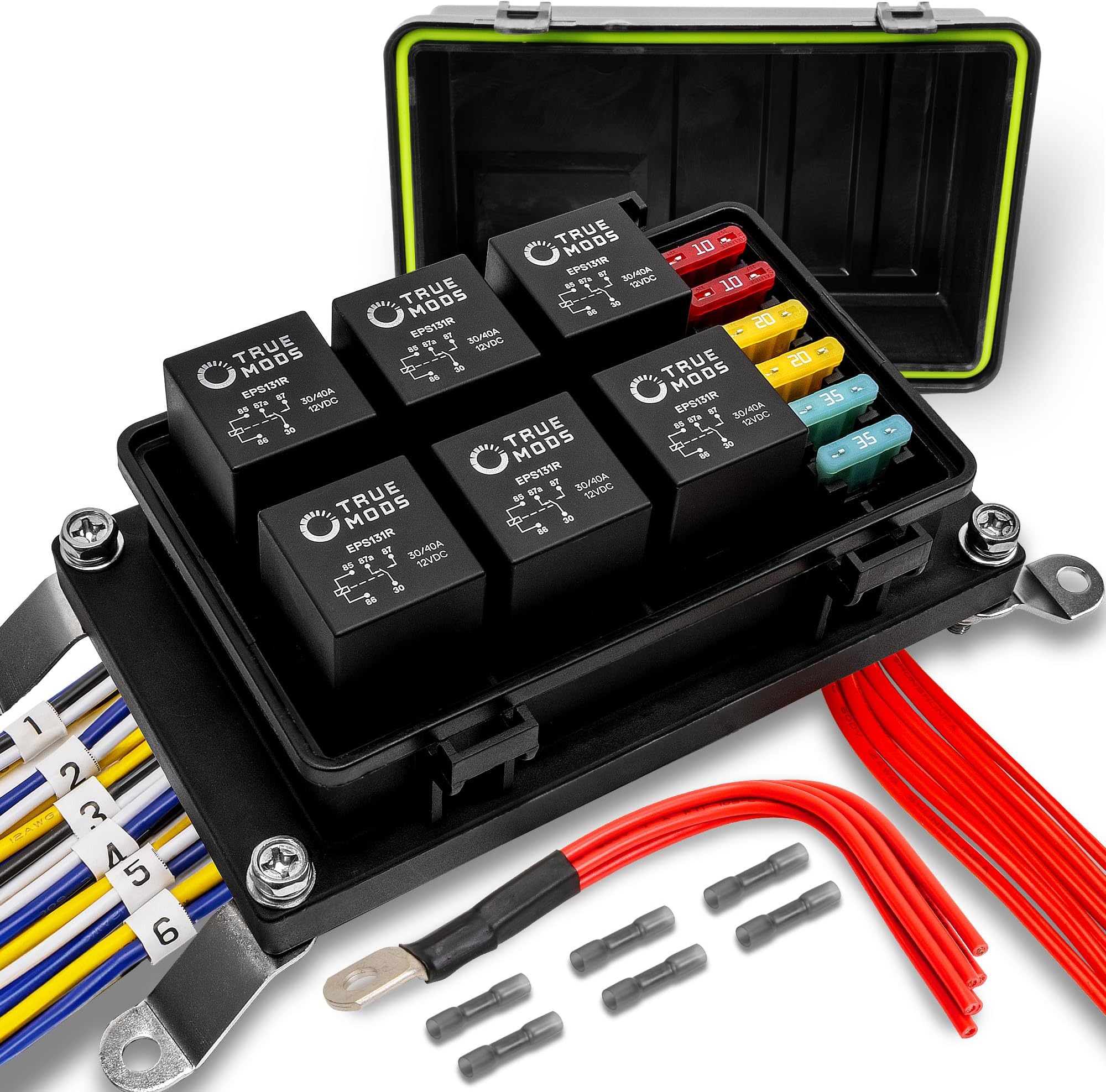 True Mods Waterproof 12V Fuse Relay Box Block Kit w/Pre-Wired Harness [12 & 16AWG] 6 Gang Bosch Style 5Pin 30A/40A Universal Relay & Fuse Panel for DC Auto Automotive Vehicle Car Marine Boat Jeep UTV