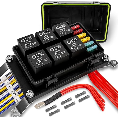 True Mods Waterproof 12V Fuse Relay Box Block Kit w/Pre-Wired Harness [12 & 16AWG] 6 Gang Bosch Style 5Pin 30A/40A Universal Relay & Fuse Panel for DC Auto Automotive Vehicle Car Marine Boat Jeep UTV