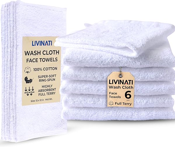 White 100% Cotton Wash Cloths for Showering Body and Face - 12"X12" 6 Pack Washcloths - Small Terry Towel Bath Rags for Adults and Kids Bathroom - Soft Absorbent - 1