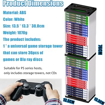 Universal Game Storage Tower, Stores 36 Games or Blu-Ray Disks, Shelf Multifunctional Mount Game Handle Disc Storage Bracket, Vertical Stand CD Storage Holder, Game Disc Rack for PS-5
