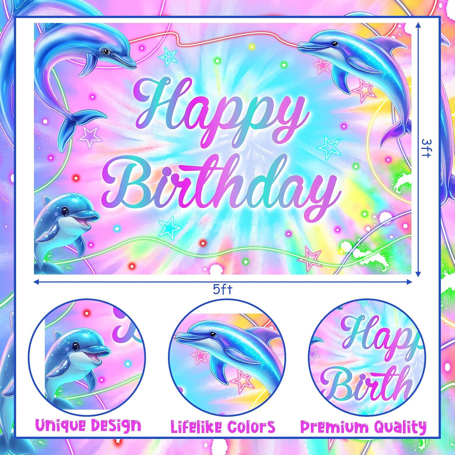 Dolphin Happy Birthday Backdrop Decorations, 5 x 3 ft Ocean Animal Dolphin Theme Background Party Supplies for Birthday Party, Wonderland Marine Photo Props