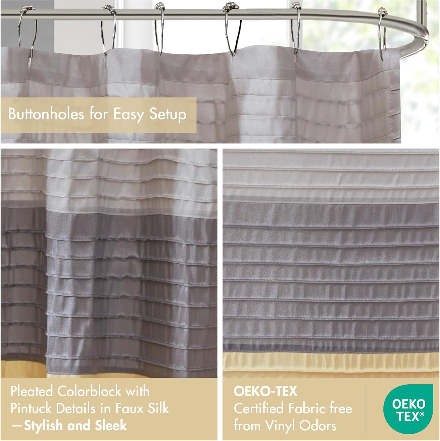 Madison Park Amherst Bathroom Shower Curtain Faux Silk Pieced Striped Modern Microfiber Bath Curtains, 72x84 Inches, Yellow