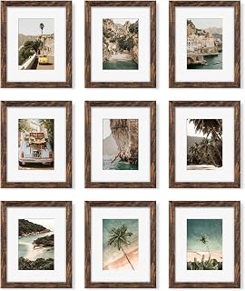 YESKAY 8x10 Picture Frame Set of 9, Display Pictures 5x7 with Mat or 8 x 10 Without Mat, Multi Photo Frames for Wall Mounting or Table Top Display, Rustic Brown