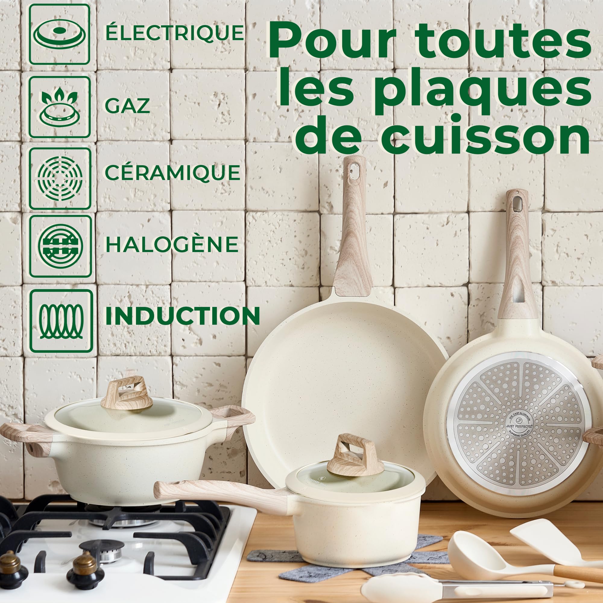 Just Perfecto Set de Casseroles 16-20-24-28 cm JL-888, Blanc | revêtement antiadhésif, compatible tous feux dont induction, couvercles inclus, poignées isolées