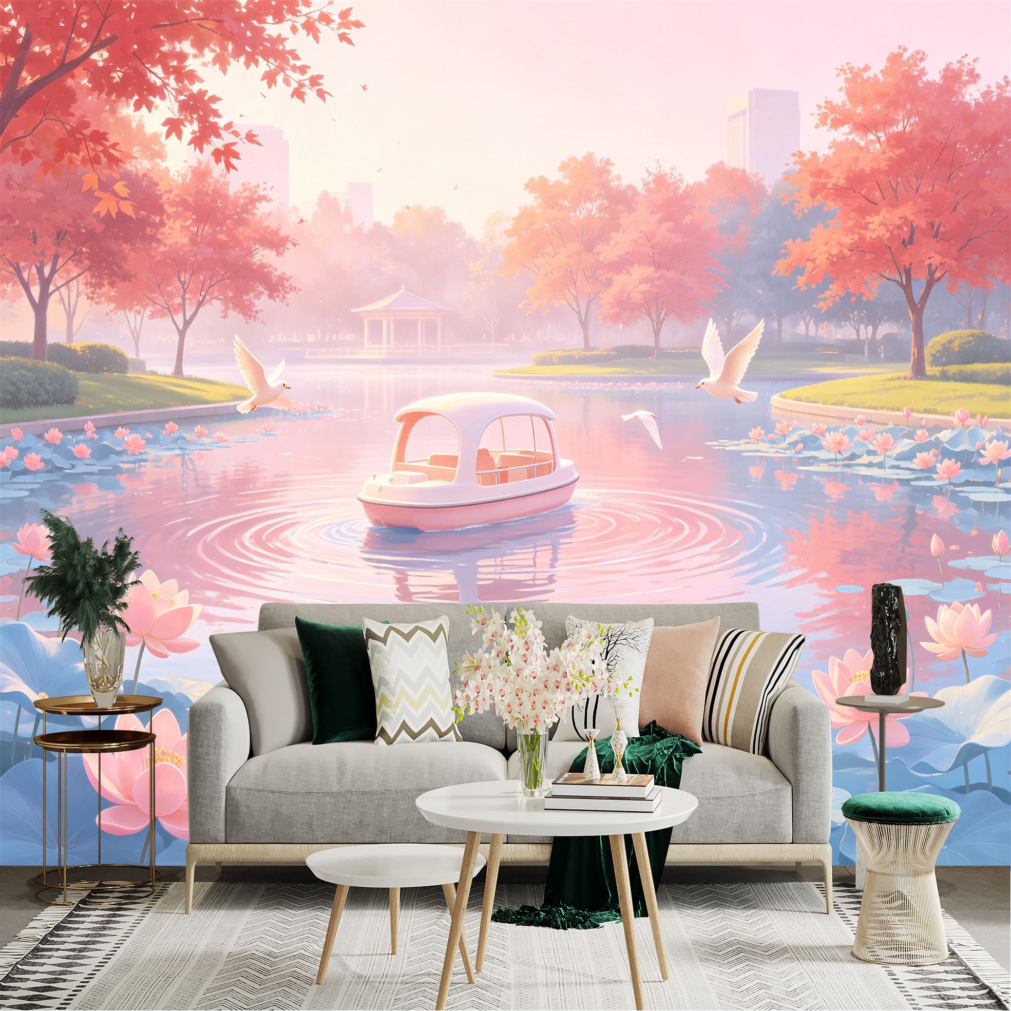 Custom Size Wall Sticker Mural， Dreamy Lotus Pond with Boat， Pink Trees and Flying Doves， for wall Decoration， peelandstick wall Decals.