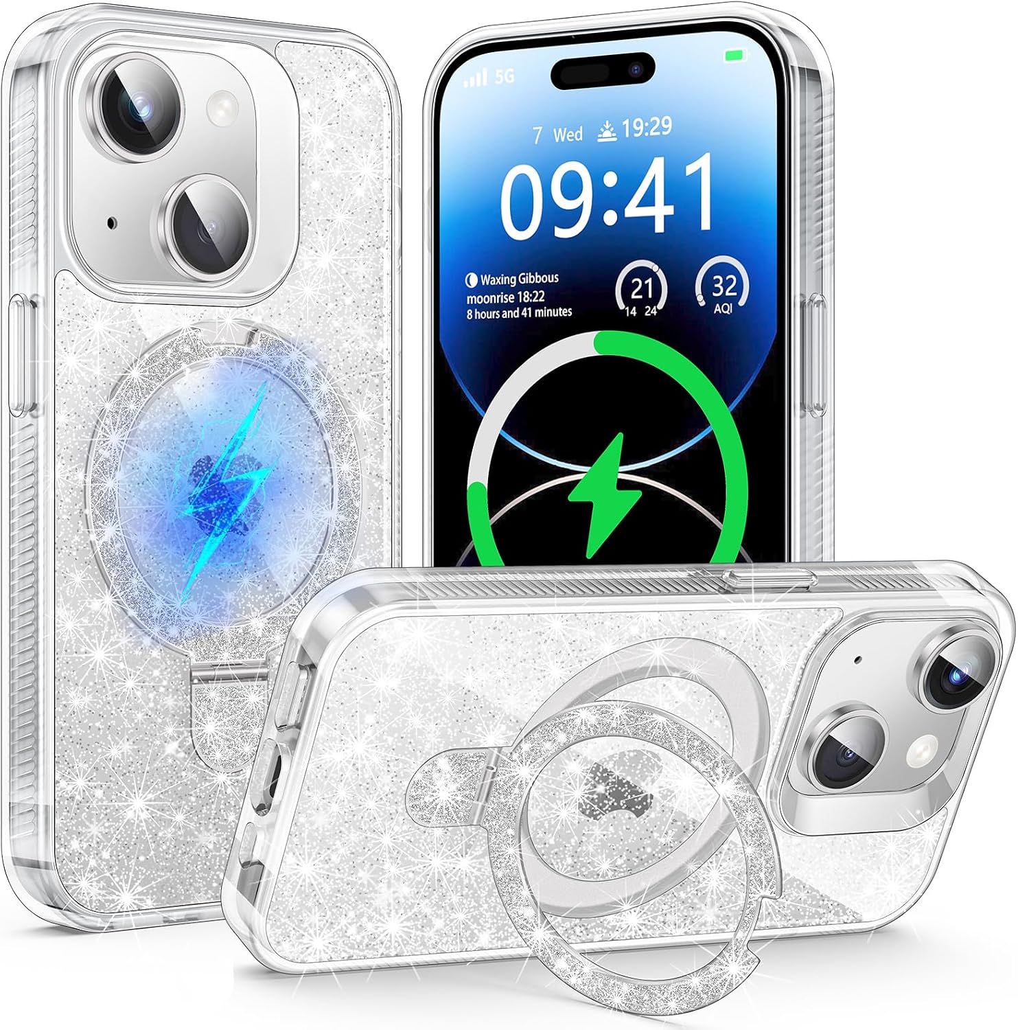for iPhone 15 Magnetic Case with Hidden Stand, Sparkly Clear Glitter Phone Case Fit for Magsafe, Soft Bumper Shockproof Cute Cover for Women Girls Fashion Bling Shiny Case for iPhone 15