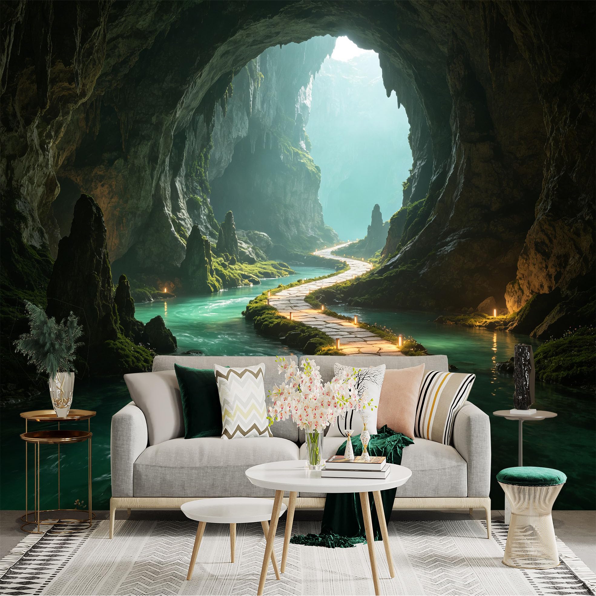 Custom Size Wall Sticker Mural， Mysterious Limestone Cave， Glowing Stone Pathway， Tranquil Underground River， for wall Decoration， peelandstick wall Decals.