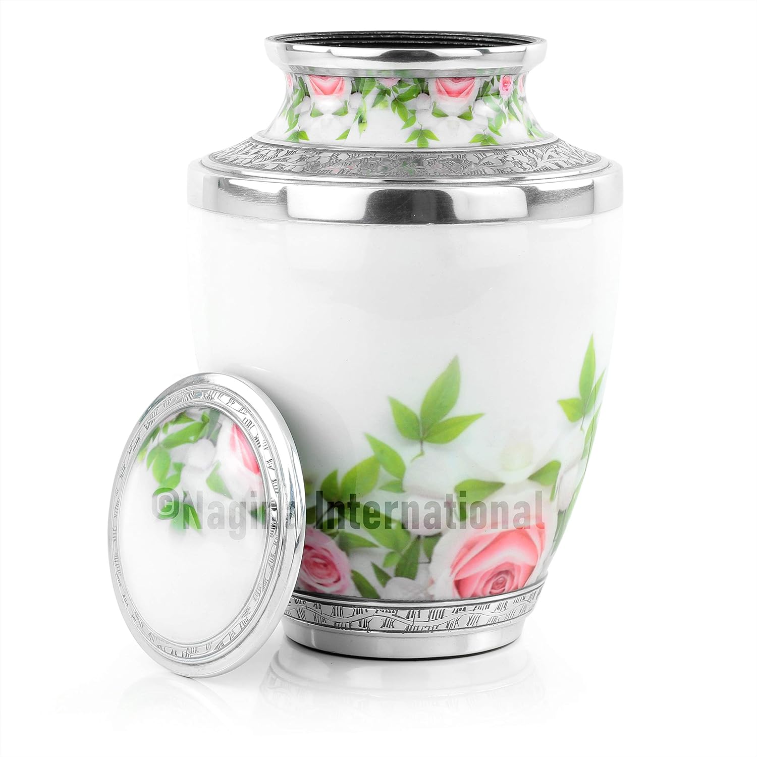 10" Aluminum Metal Cremation Urn for Cremated Human Ash Remains Storage | Beautiful Artwork Printed Funeral Pot & Cremation Jar (Mayfair Floral White) [B08YN7Y2YT]