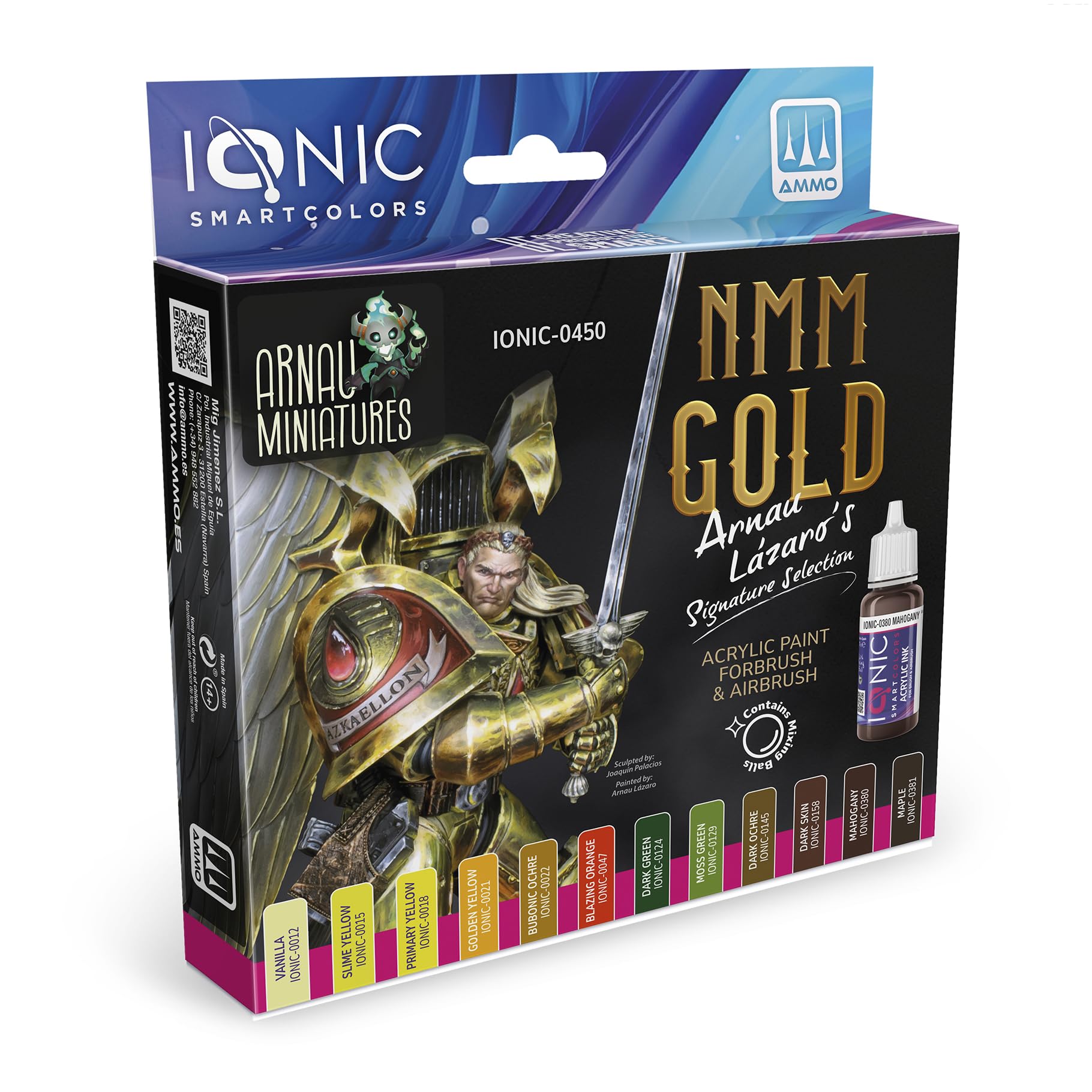 Ammo Ionic NMM Goldfarben, das Ionic-Set enthält 10 Acrylfarben und 2 Tinten, speziell entwickelt, um die wesentlichen Farben für das Malen von nichtmetallischen Metallen in Miniaturen zu liefern
