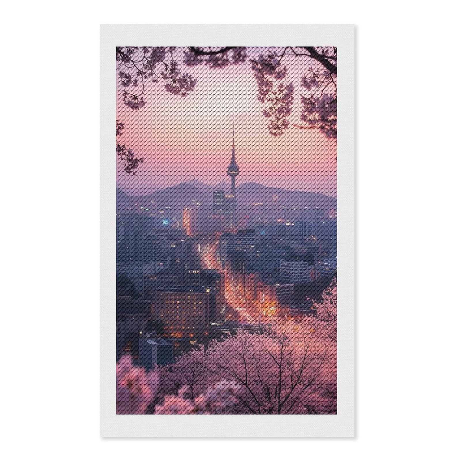 Junmoney Seoul Cityscape with Cherry Blossoms(2) Diamond Painting Set 12"x20", Arts and Crafts, Wall Art Gift, Full Kit Included, Relaxing Handmade Project