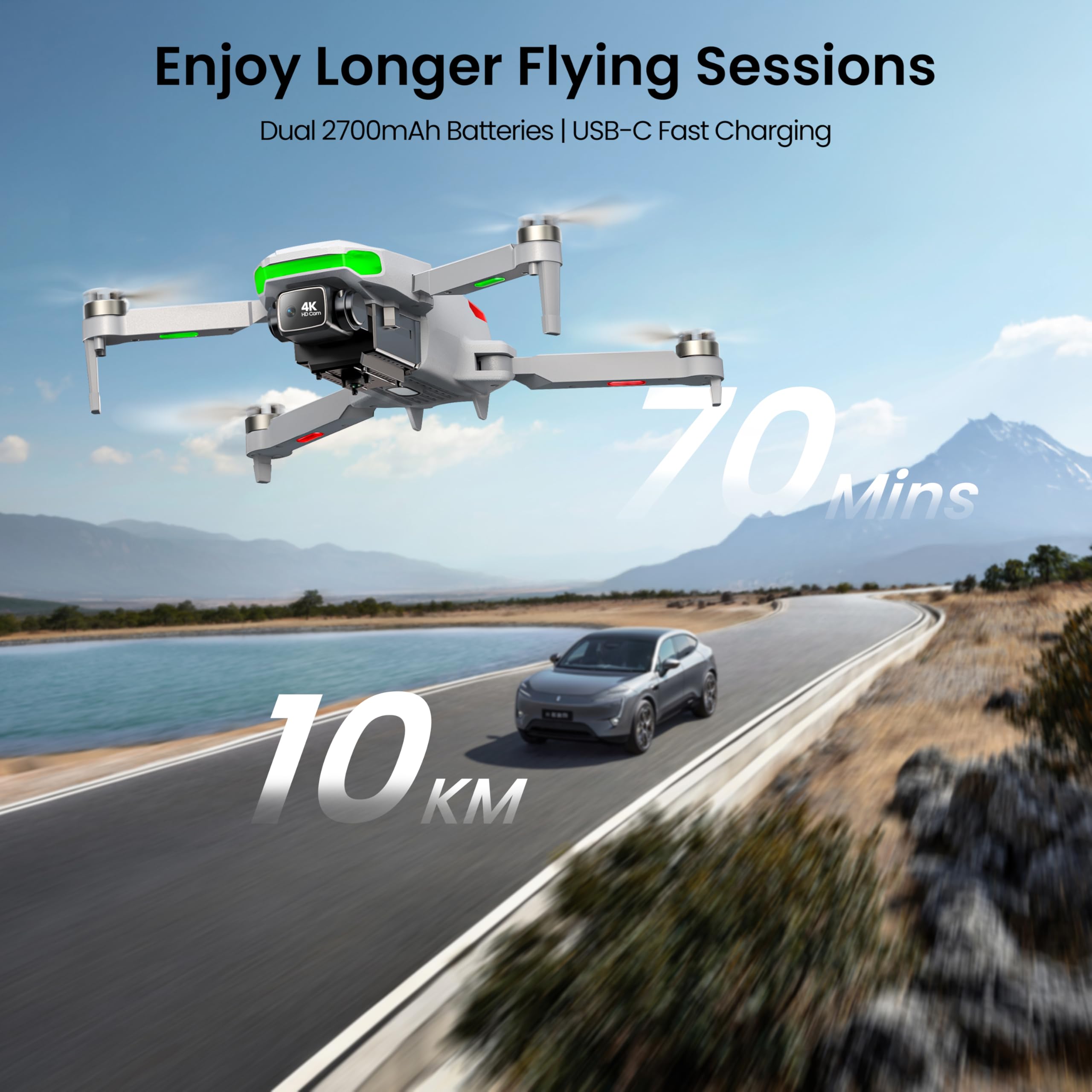 Drone with EIS 4K Camera for Adults, GPS Drone with Screen on Controller, 70 Mins Flight, 10KM Long Range Transmission, AI Track&Orbit Mode, Follow Me, Auto Return, Lightweight and Foldable RC Drones for Beginner Toy Gifts, Under 249g