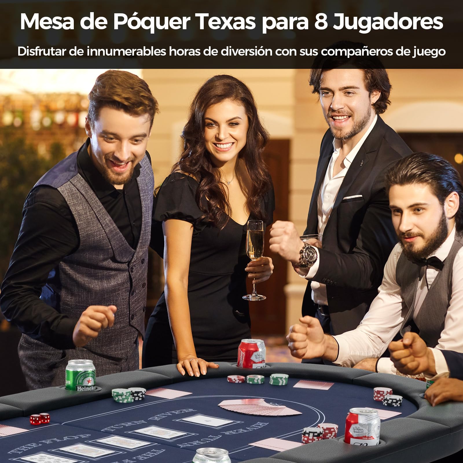 COSTWAY Mesa de Póker Plegable para 8 Jugadores, 182 x 82 x 75 cm, Mesa de Poker Ovalada con Portavasos Metálicos Profundos, Barandillas Acolchadas, Casino Fiestas (Azul)